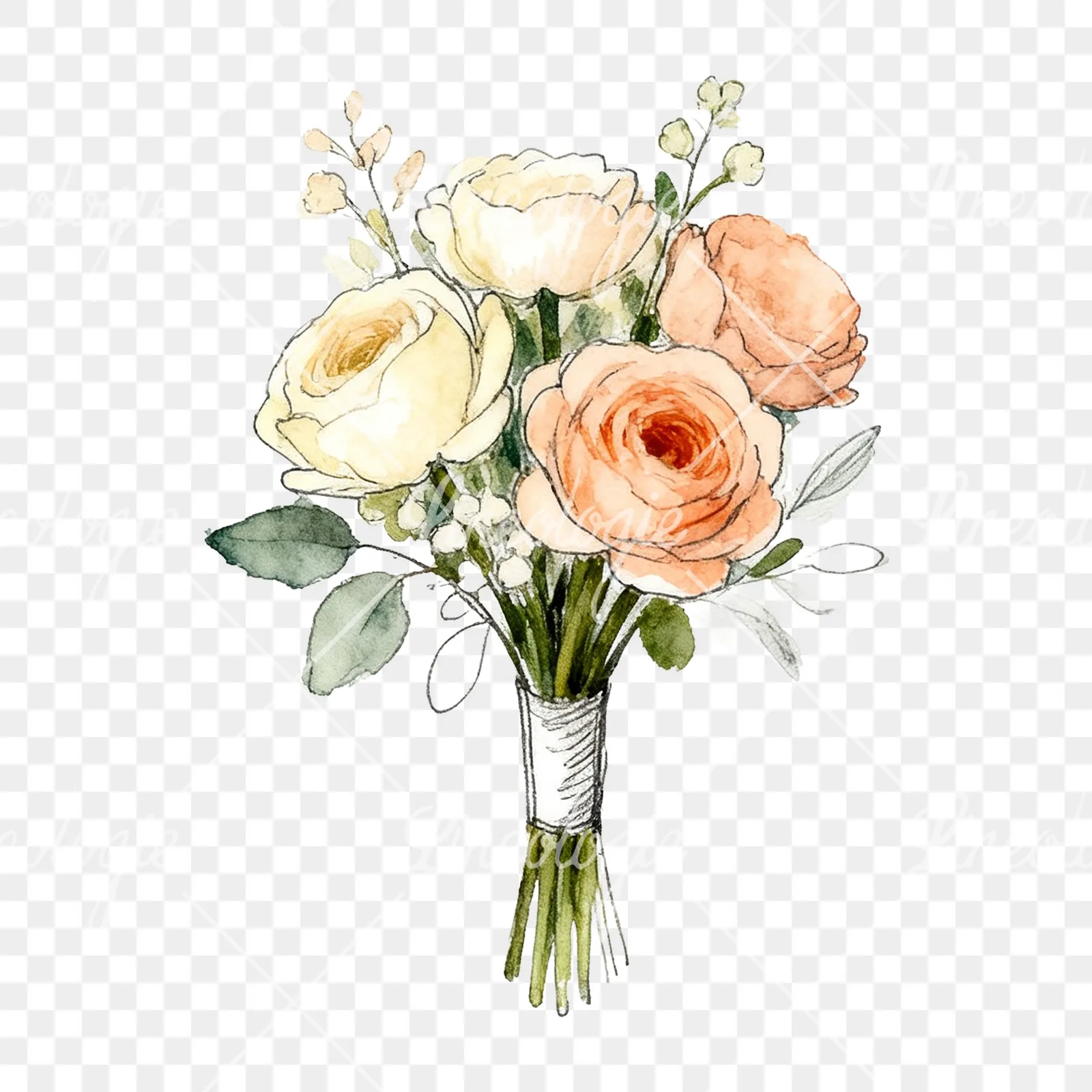 Watercolor peach and cream wedding bouquet with green foliage clipart 4 of 9 on a transparent background (PNG)