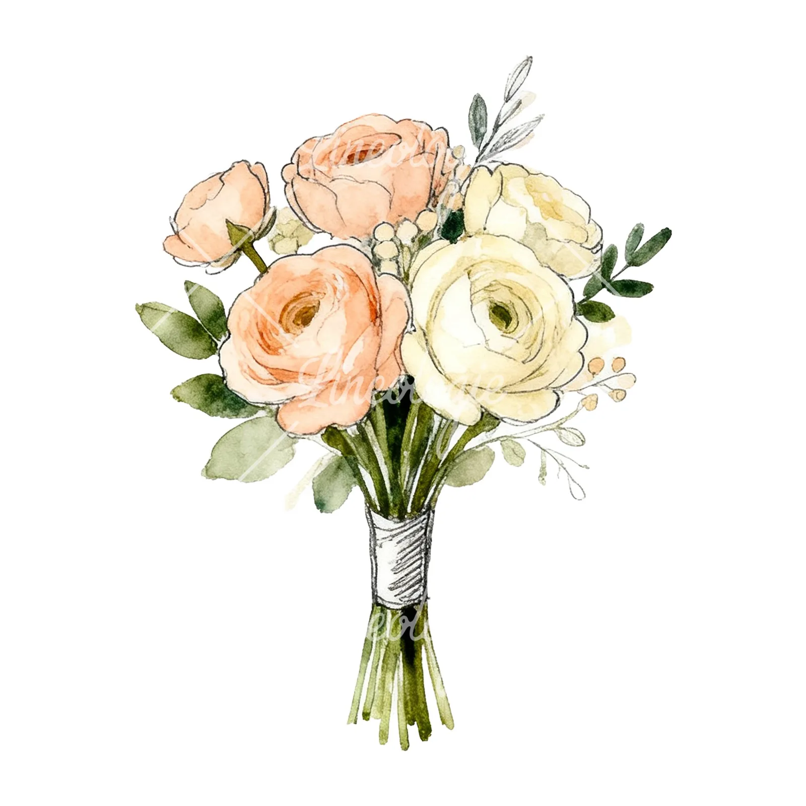 Watercolor peach and cream wedding bouquet with green foliage clipart 5 of 9 on a white background (JPG)