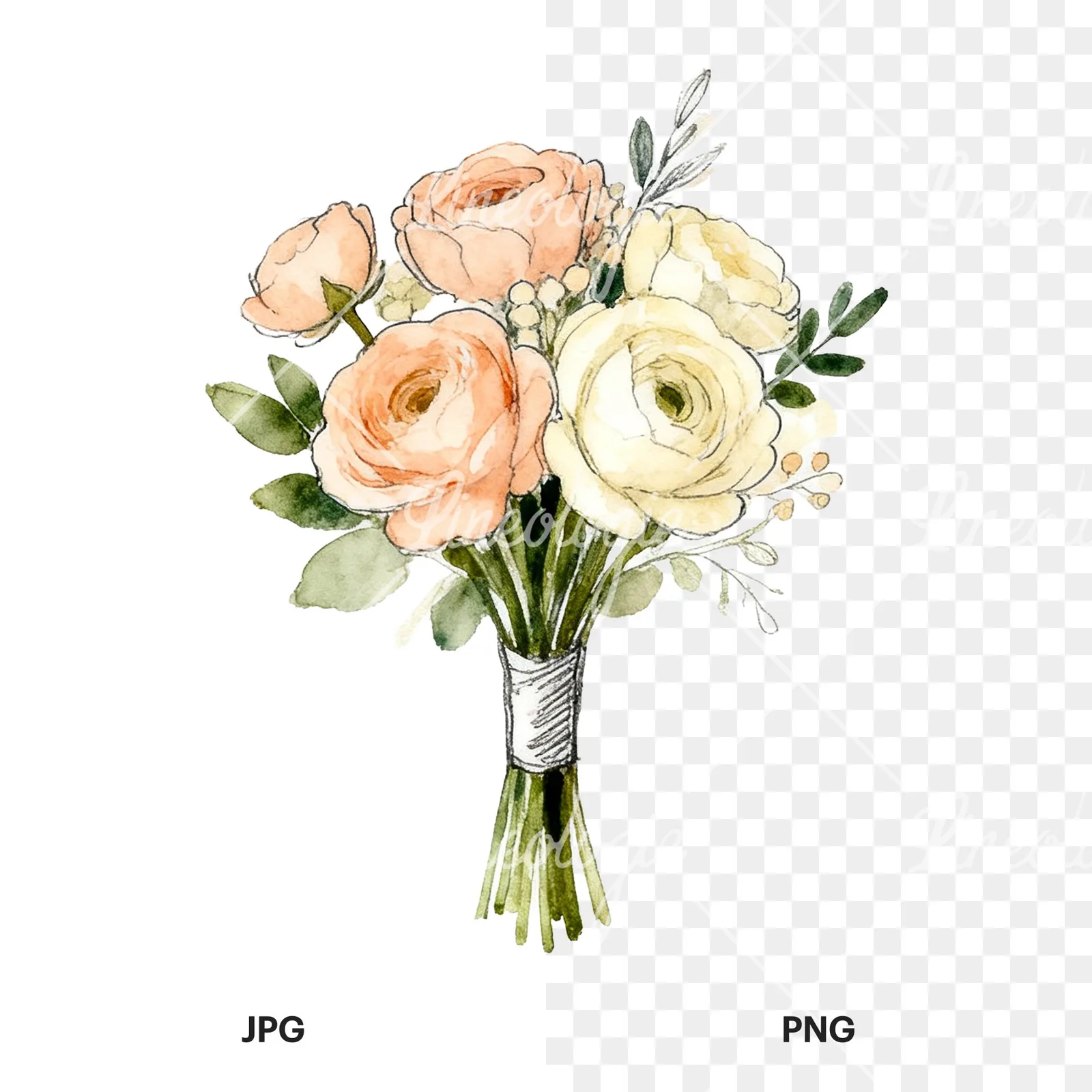 Watercolor peach and cream wedding bouquet with green foliage clipart 5 of 9, as a JPG on white and a transparent PNG
