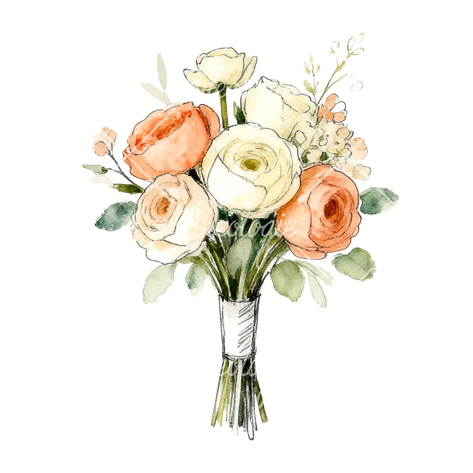 Watercolor peach and cream wedding bouquet with green foliage clipart 6 of 9 on a white background (JPG)