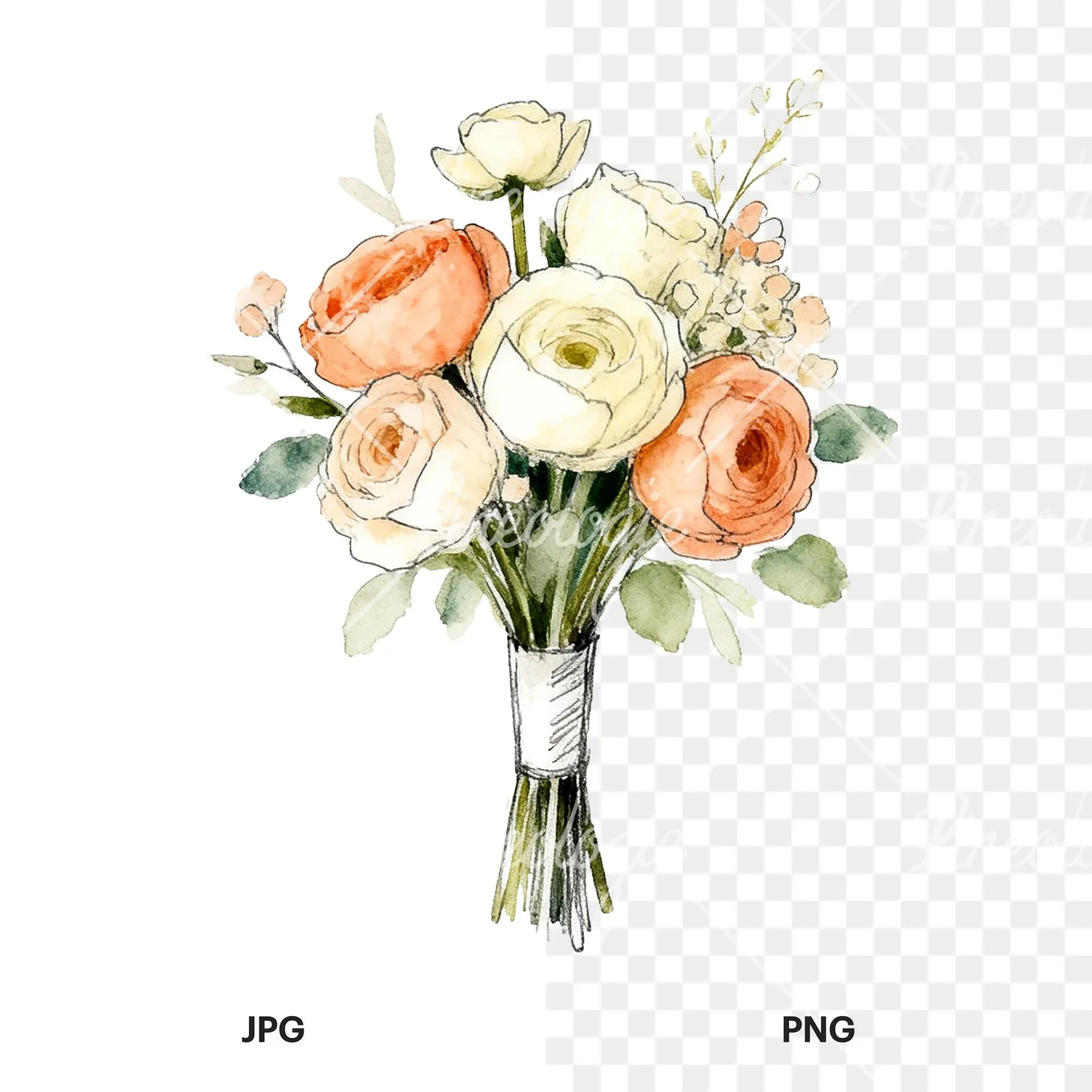 Watercolor peach and cream wedding bouquet with green foliage clipart 6 of 9, as a JPG on white and a transparent PNG