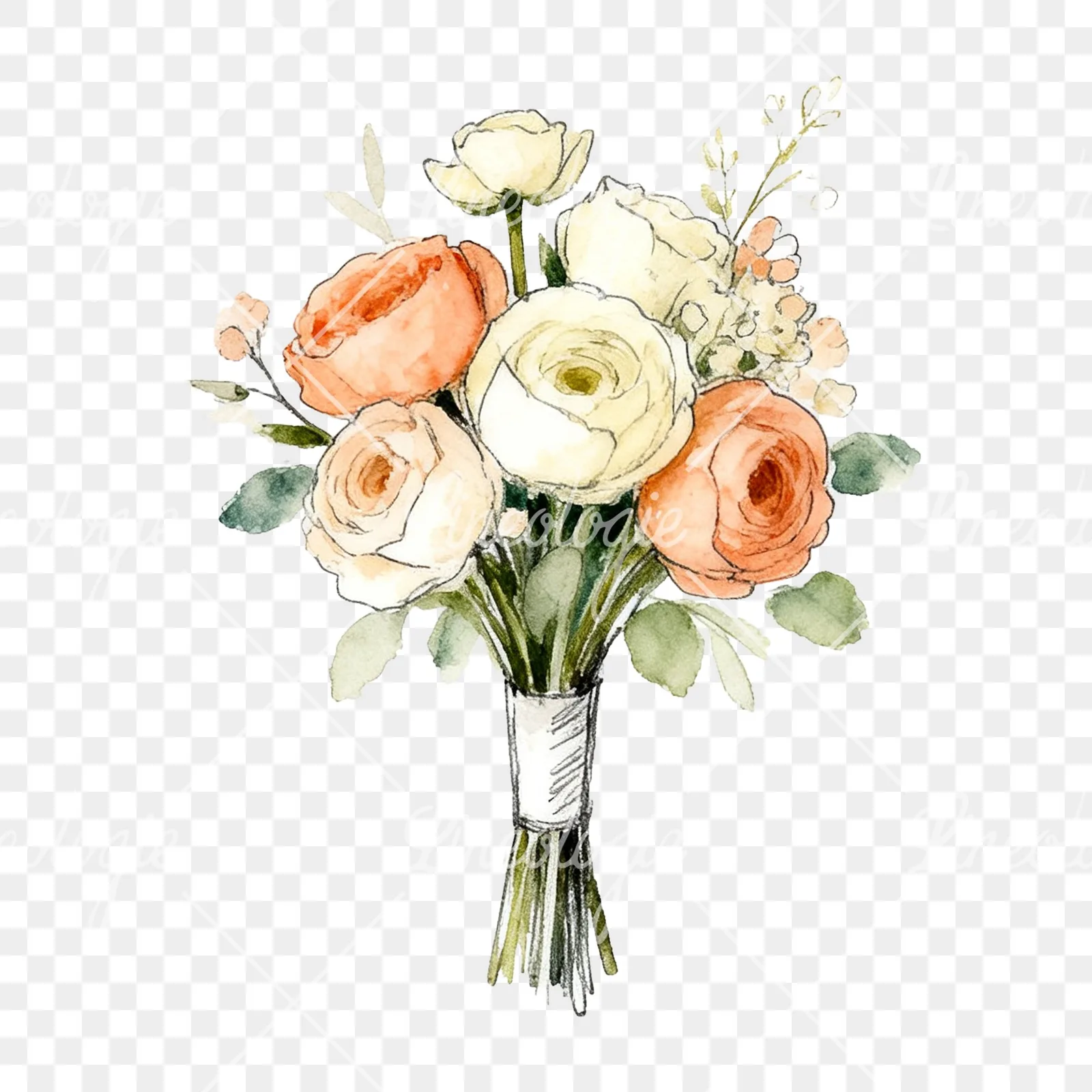 Watercolor peach and cream wedding bouquet with green foliage clipart 6 of 9 on a transparent background (PNG)