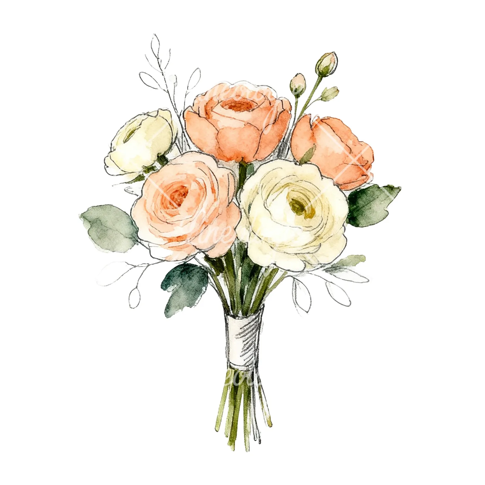 Watercolor peach and cream wedding bouquet with green foliage clipart 7 of 9 on a white background (JPG)