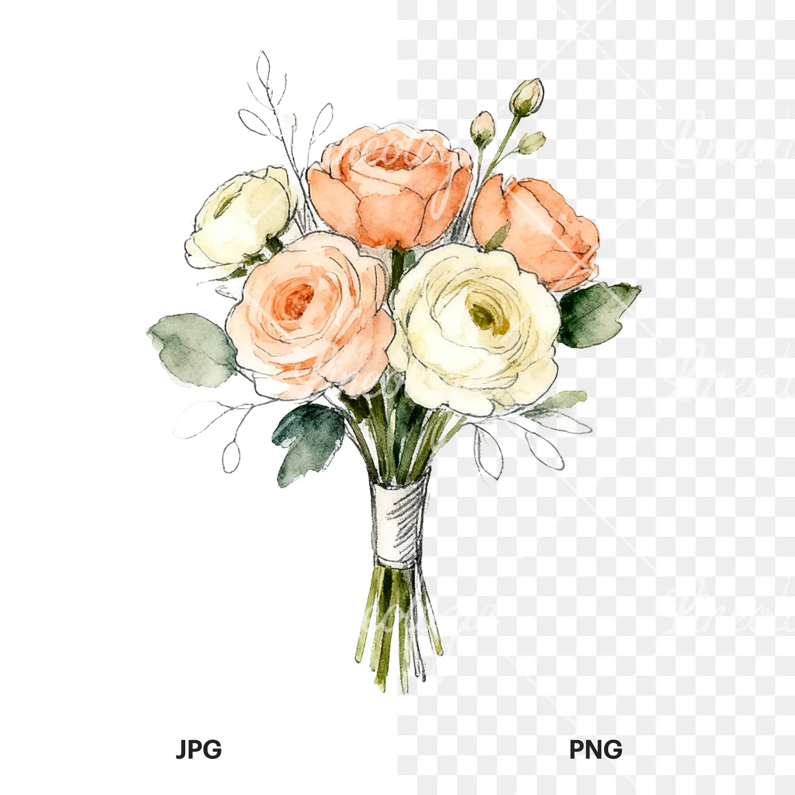 Watercolor peach and cream wedding bouquet with green foliage clipart 7 of 9, as a JPG on white and a transparent PNG