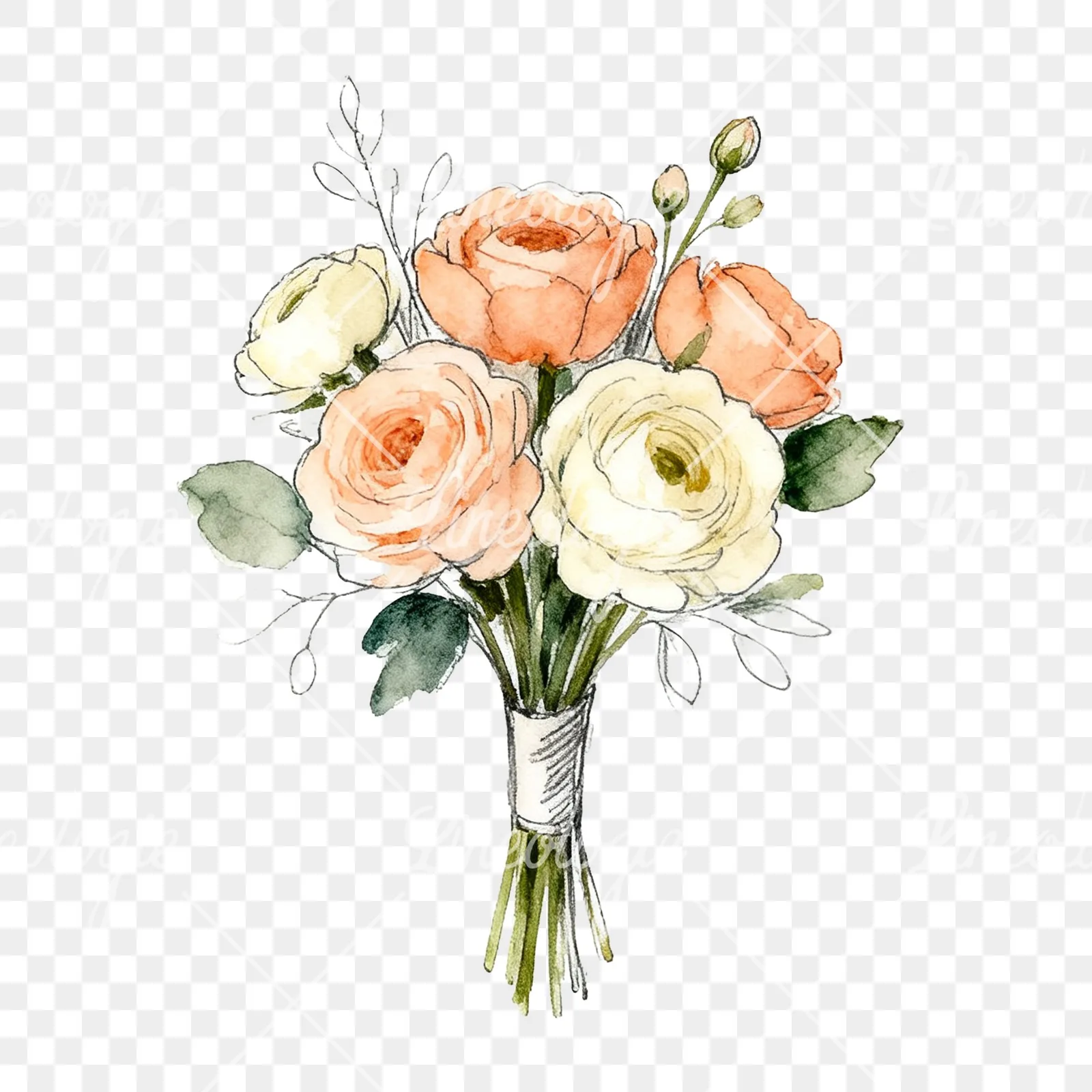 Watercolor peach and cream wedding bouquet with green foliage clipart 7 of 9 on a transparent background (PNG)