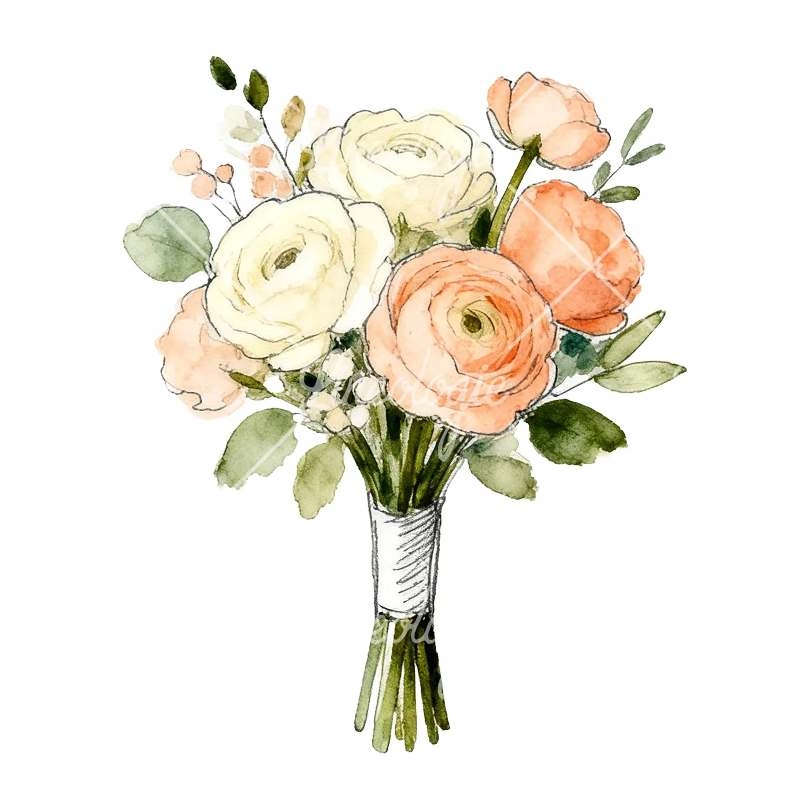 Watercolor peach and cream wedding bouquet with green foliage clipart 8 of 9 on a white background (JPG)