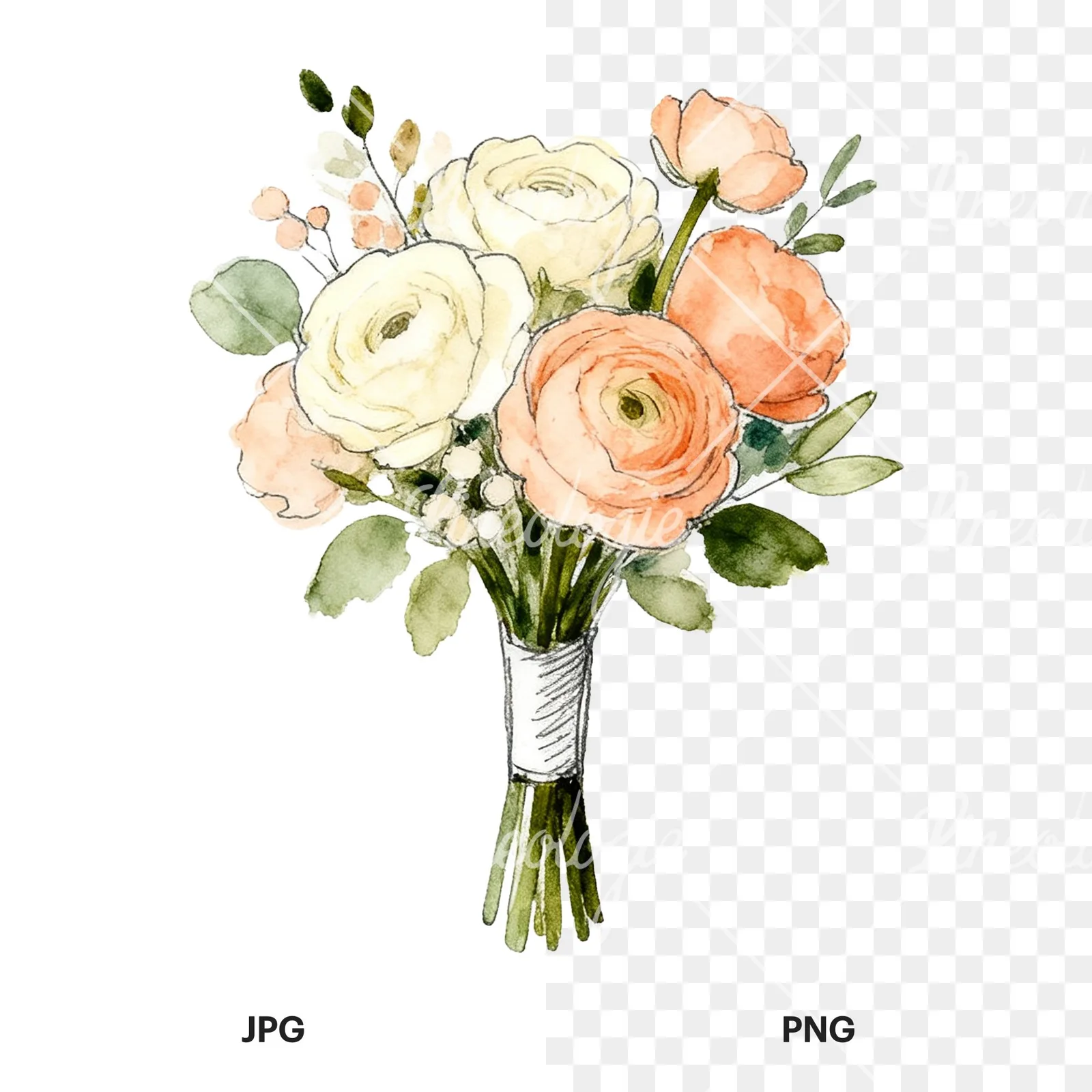 Watercolor peach and cream wedding bouquet with green foliage clipart 8 of 9, as a JPG on white and a transparent PNG