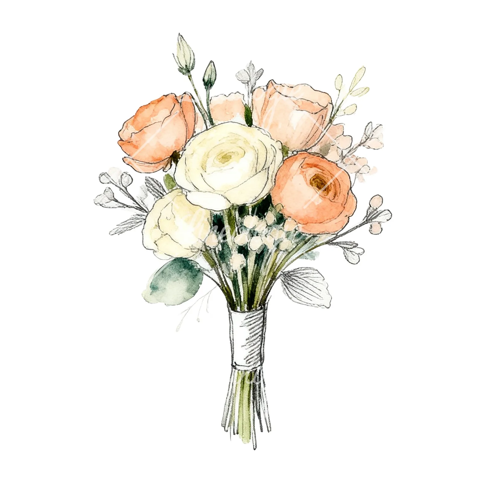 Watercolor peach and cream wedding bouquet with green foliage clipart 9 of 9 on a white background (JPG)
