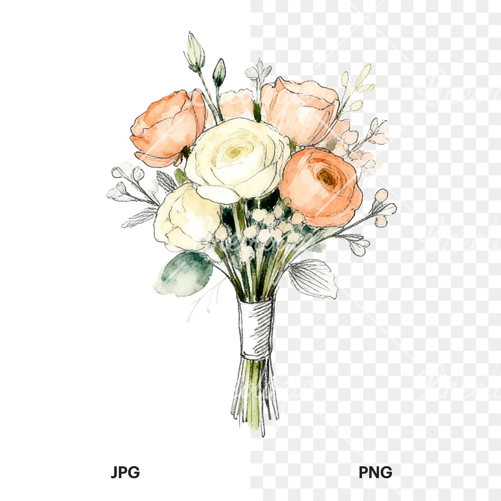 Watercolor peach and cream wedding bouquet with green foliage clipart 9 of 9, as a JPG on white and a transparent PNG