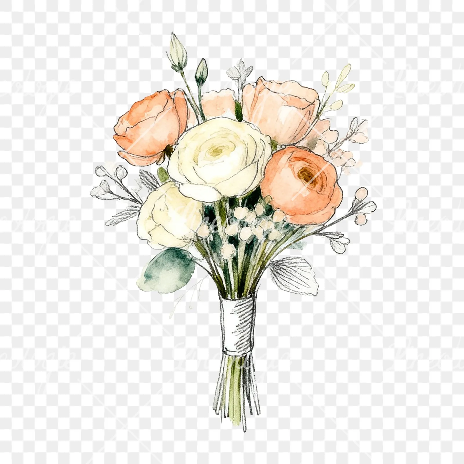 Watercolor peach and cream wedding bouquet with green foliage clipart 9 of 9 on a transparent background (PNG)