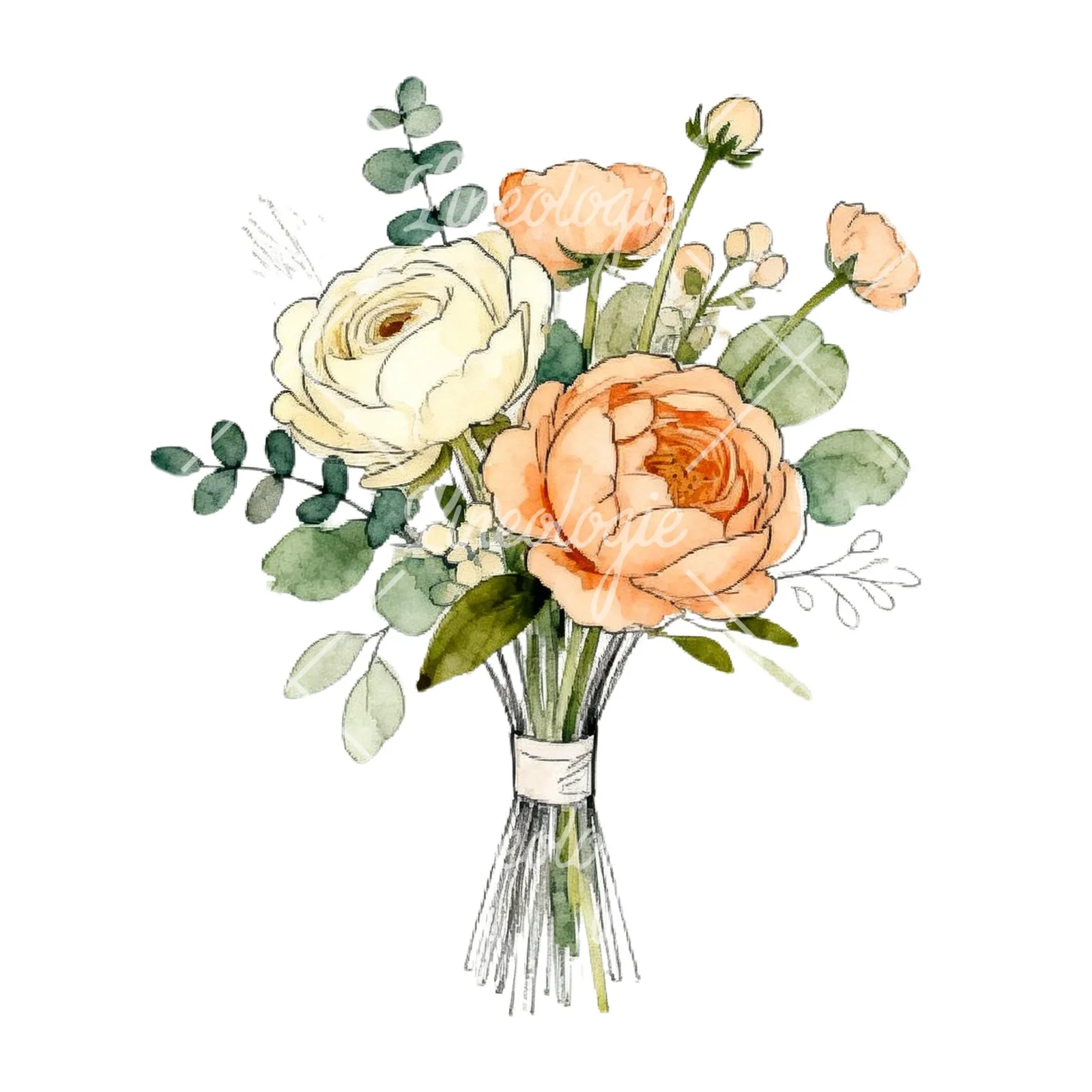 Watercolor peach peony cream wedding bouquet clipart 1 of 9 on a white background (JPG)