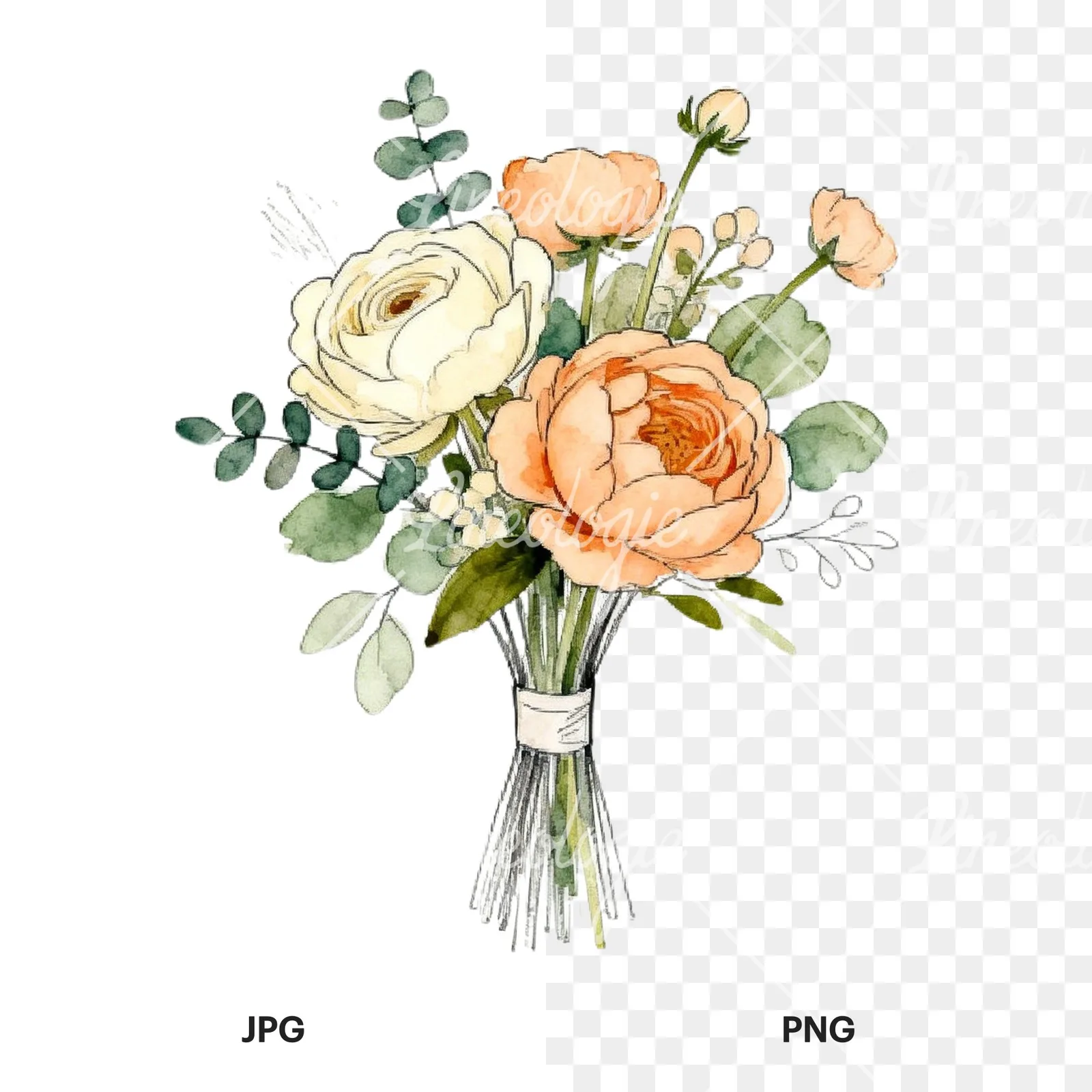 Watercolor peach peony cream wedding bouquet clipart 1 of 9, as a JPG on white and a transparent PNG