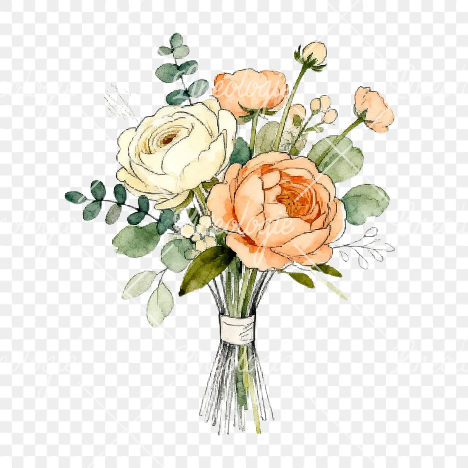 Watercolor peach peony cream wedding bouquet clipart 1 of 9 on a transparent background (PNG)