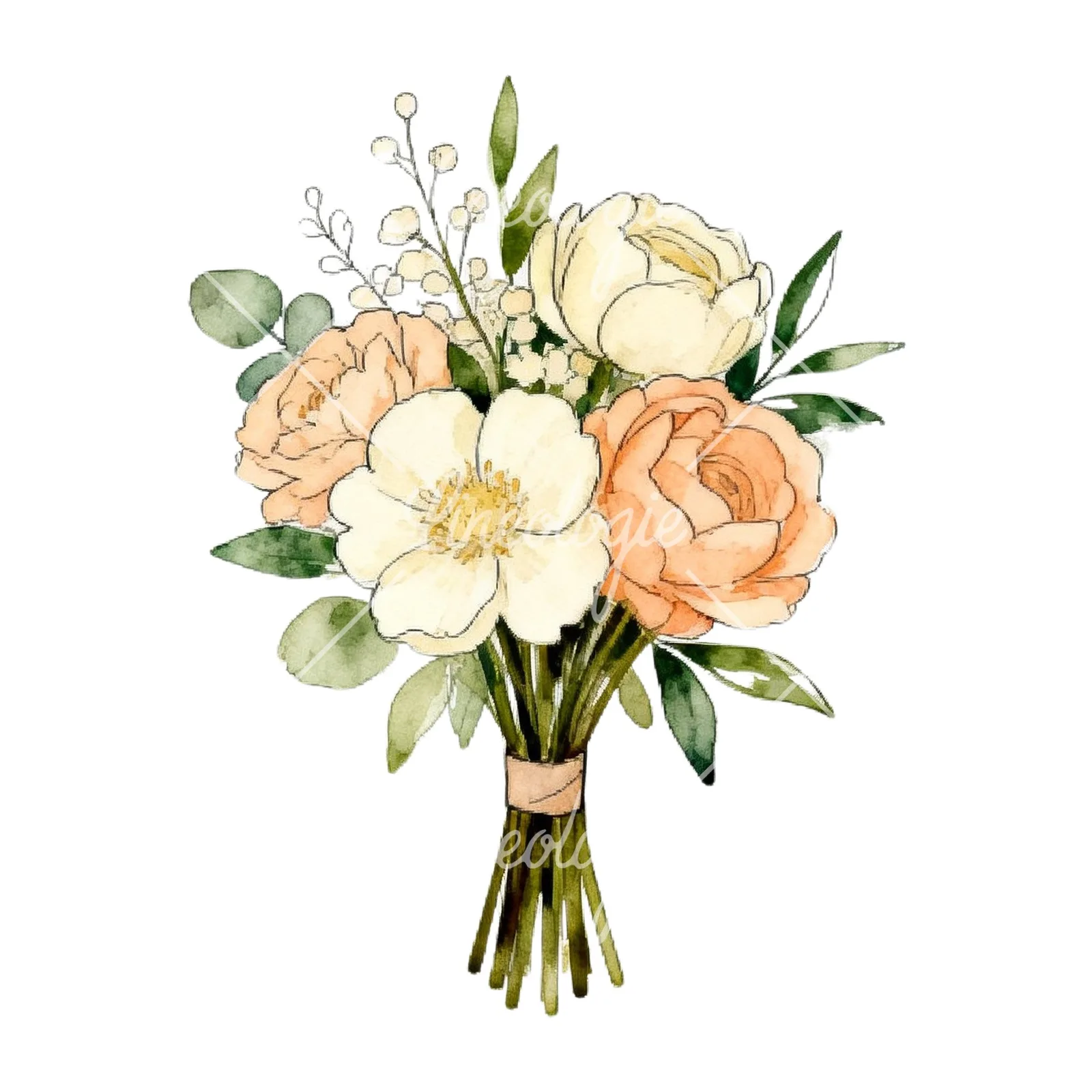 Watercolor peach peony cream wedding bouquet clipart 2 of 9 on a white background (JPG)