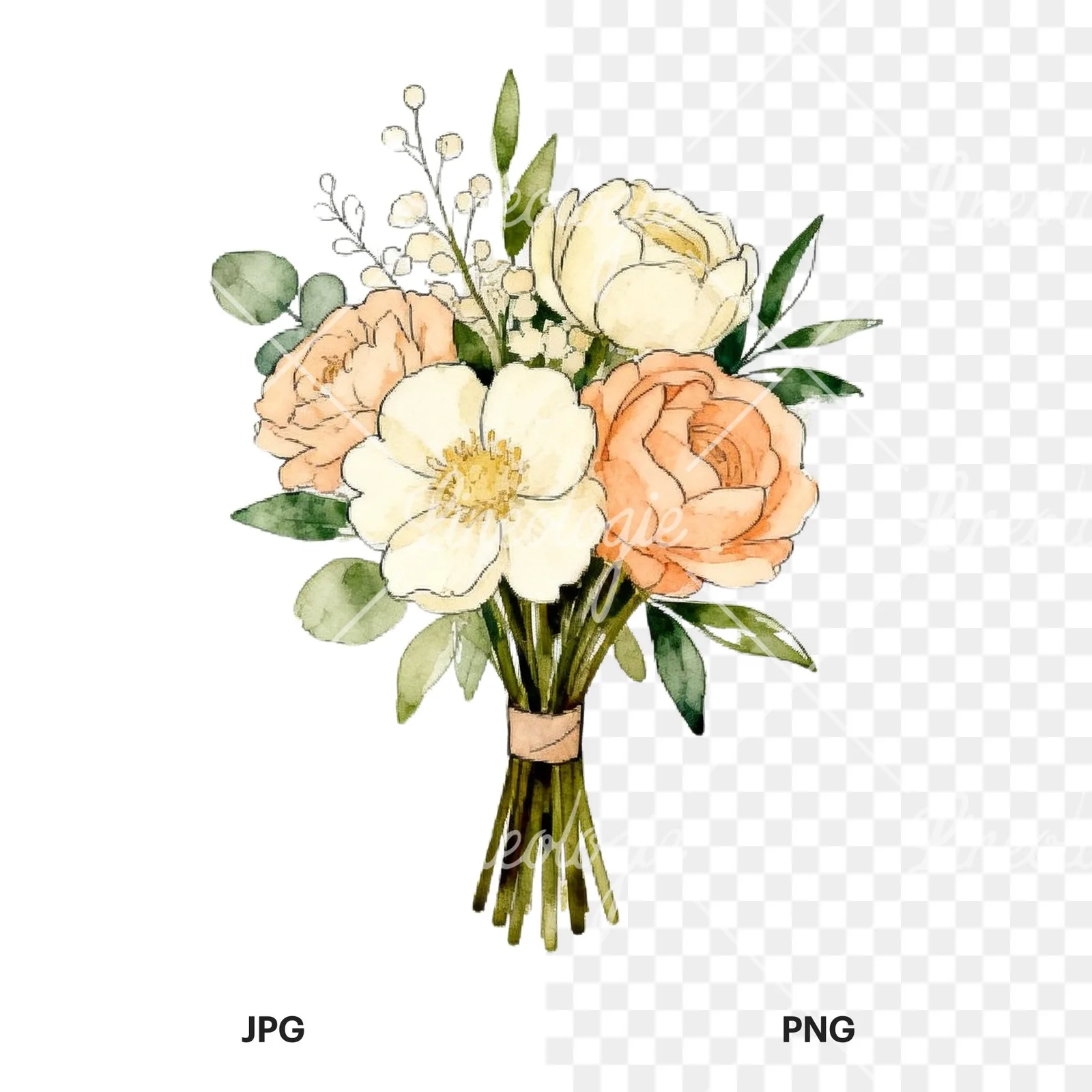 Watercolor peach peony cream wedding bouquet clipart 2 of 9, as a JPG on white and a transparent PNG