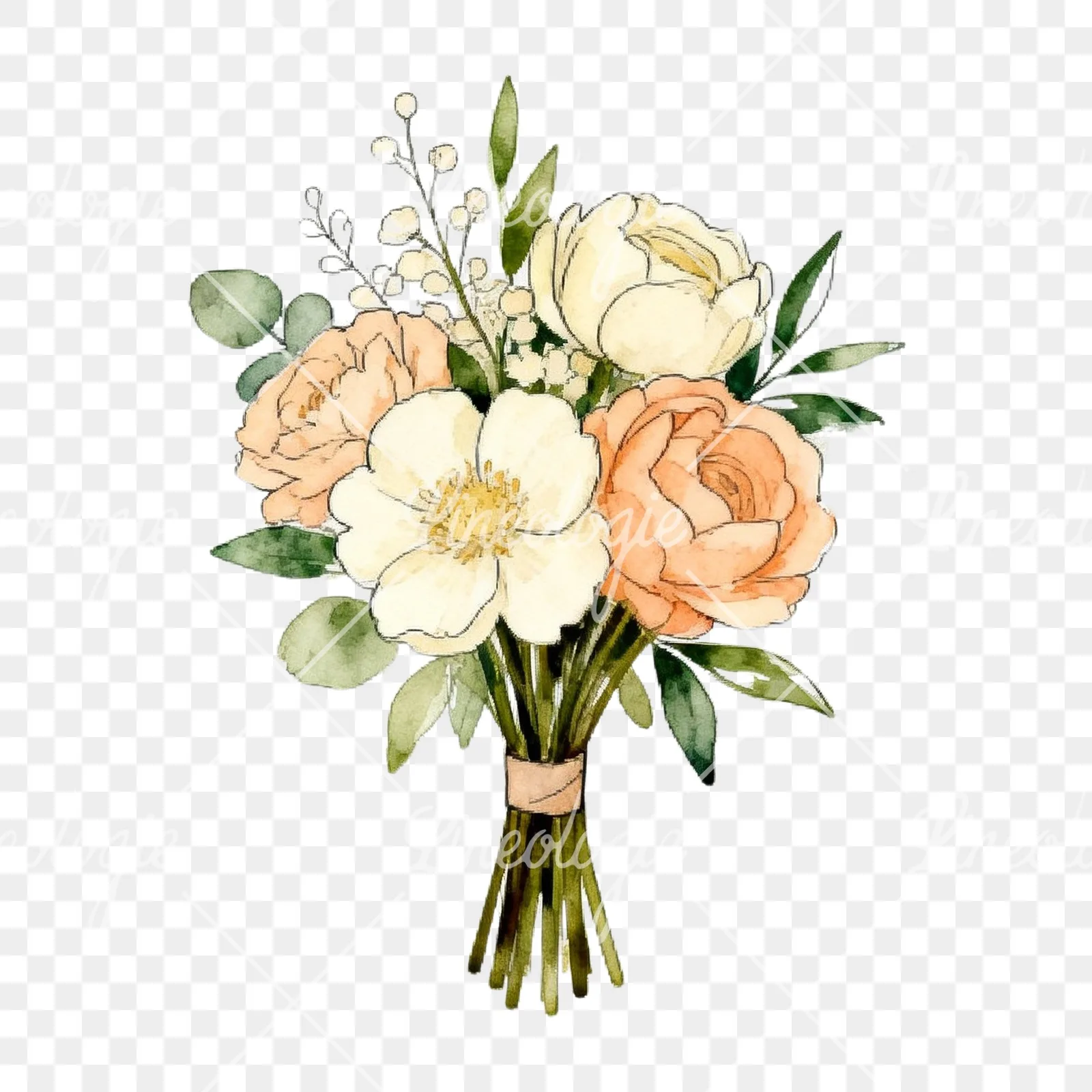 Watercolor peach peony cream wedding bouquet clipart 2 of 9 on a transparent background (PNG)