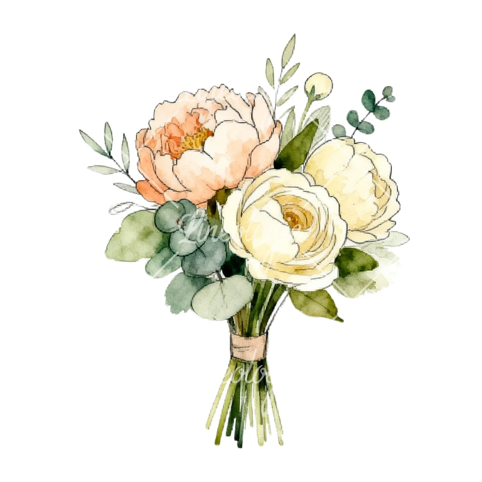 Watercolor peach peony cream wedding bouquet clipart 3 of 9 on a white background (JPG)