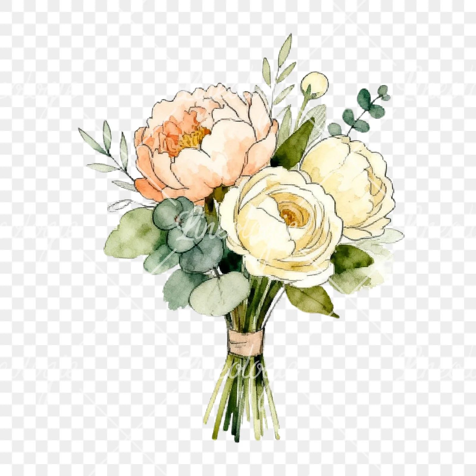 Watercolor peach peony cream wedding bouquet clipart 3 of 9 on a transparent background (PNG)