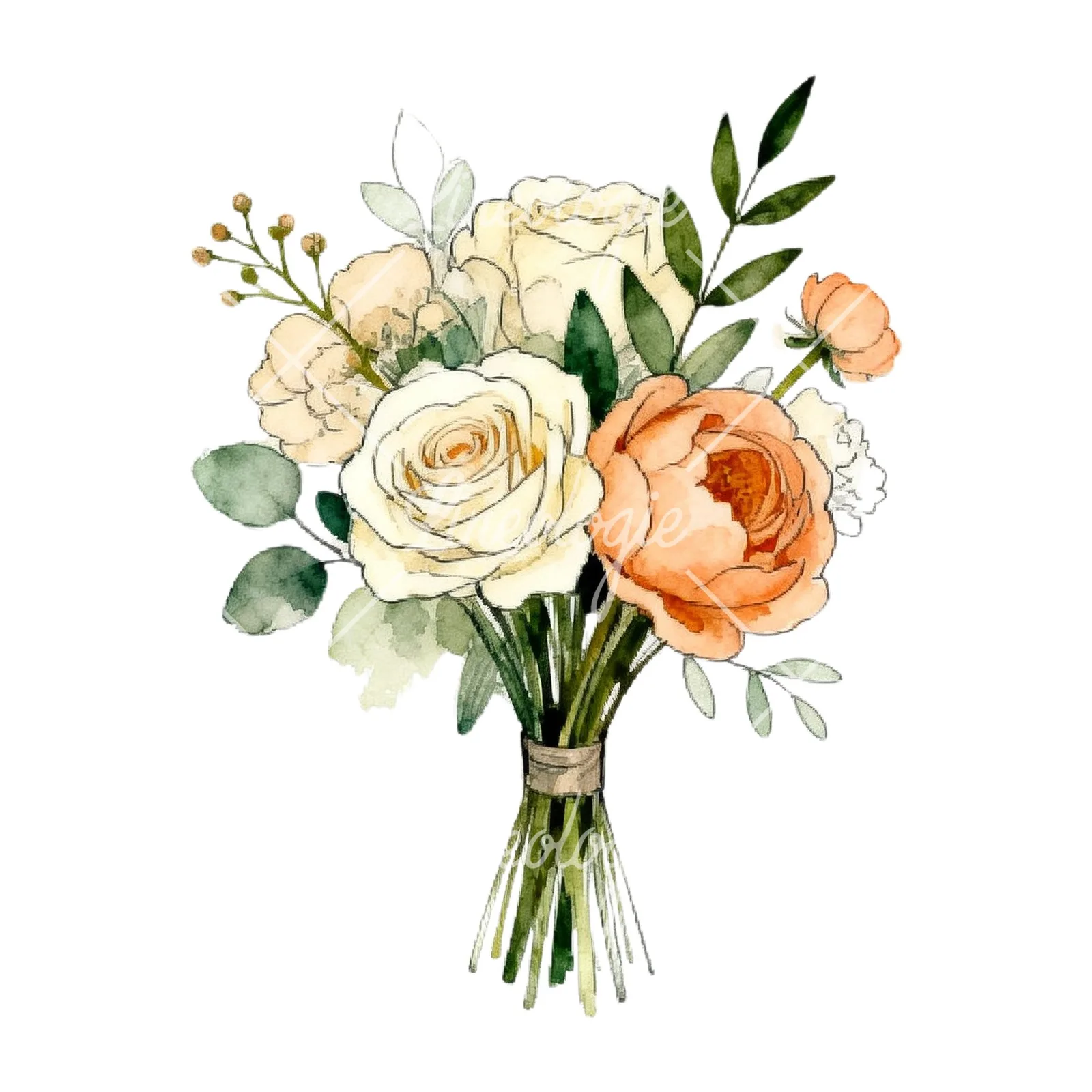 Watercolor peach peony cream wedding bouquet clipart 4 of 9 on a white background (JPG)