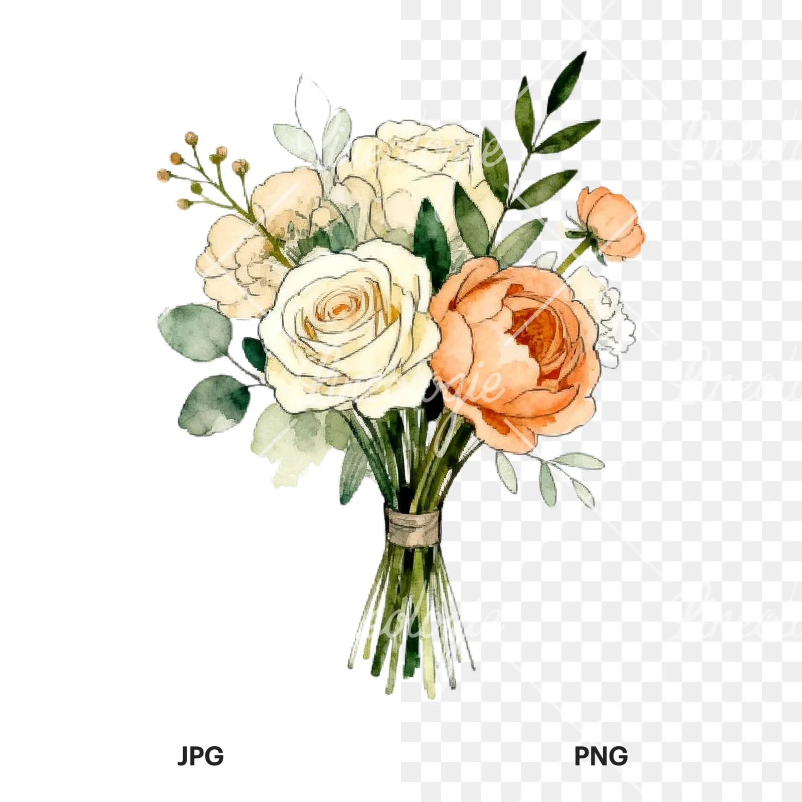 Watercolor peach peony cream wedding bouquet clipart 4 of 9, as a JPG on white and a transparent PNG