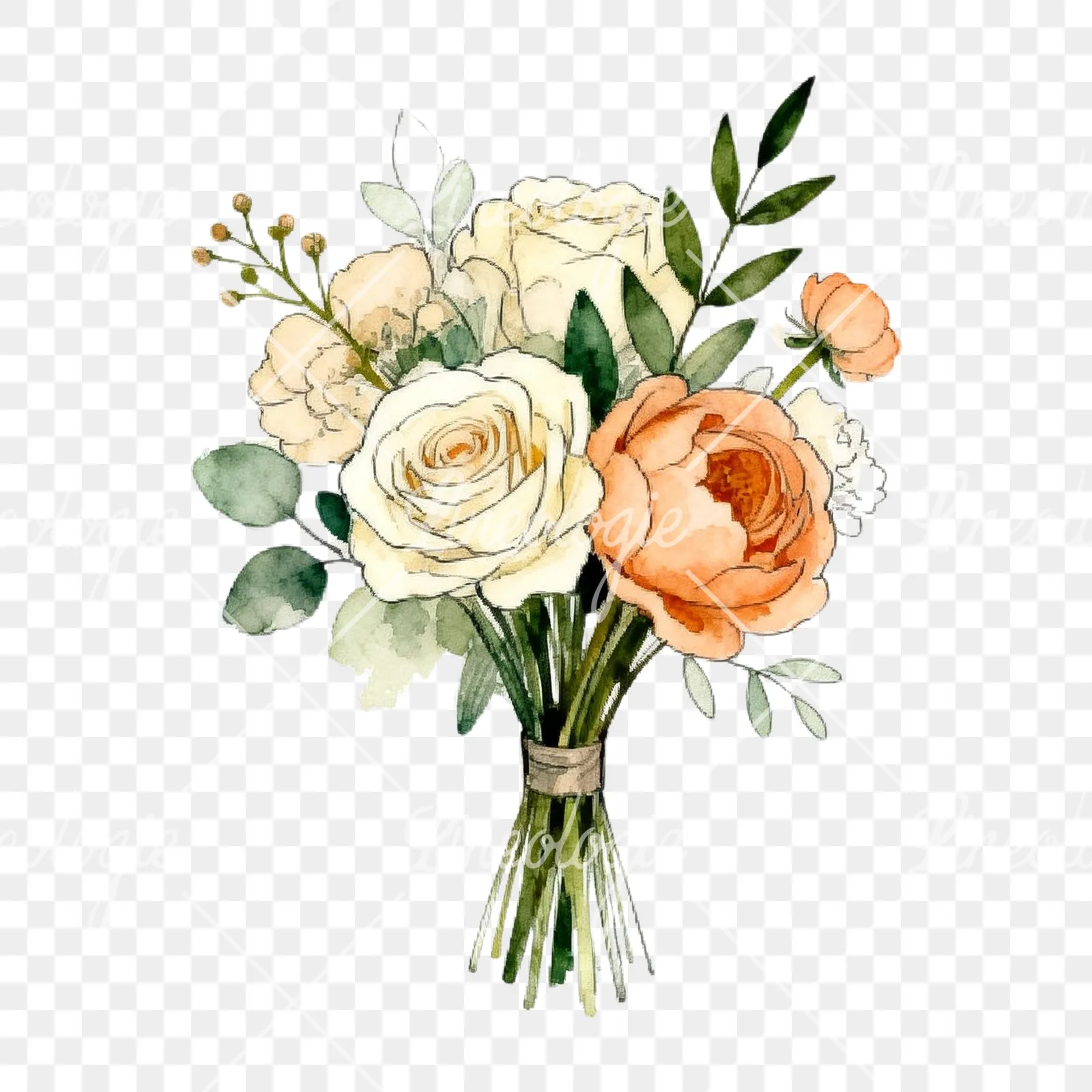 Watercolor peach peony cream wedding bouquet clipart 4 of 9 on a transparent background (PNG)