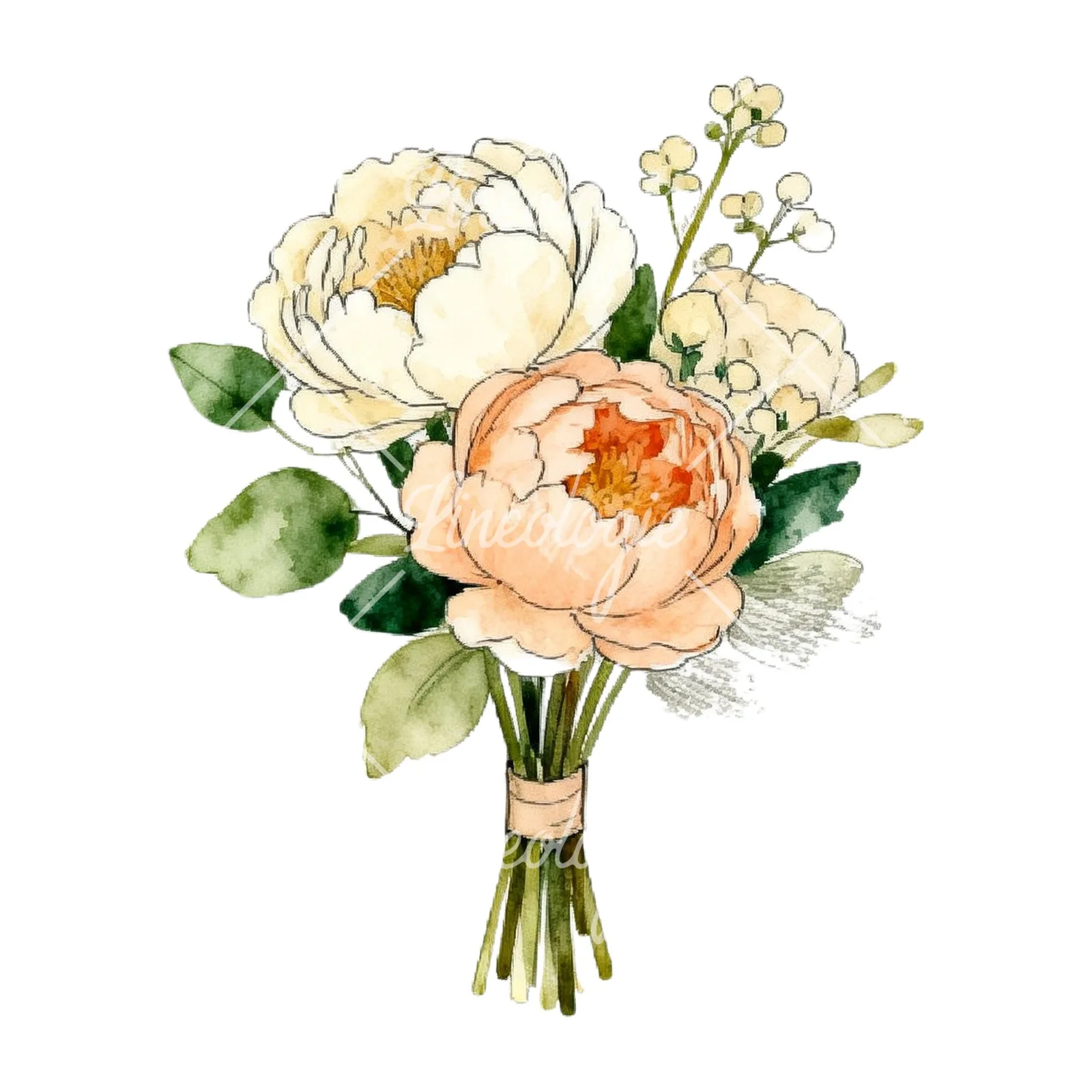 Watercolor peach peony cream wedding bouquet clipart 5 of 9 on a white background (JPG)