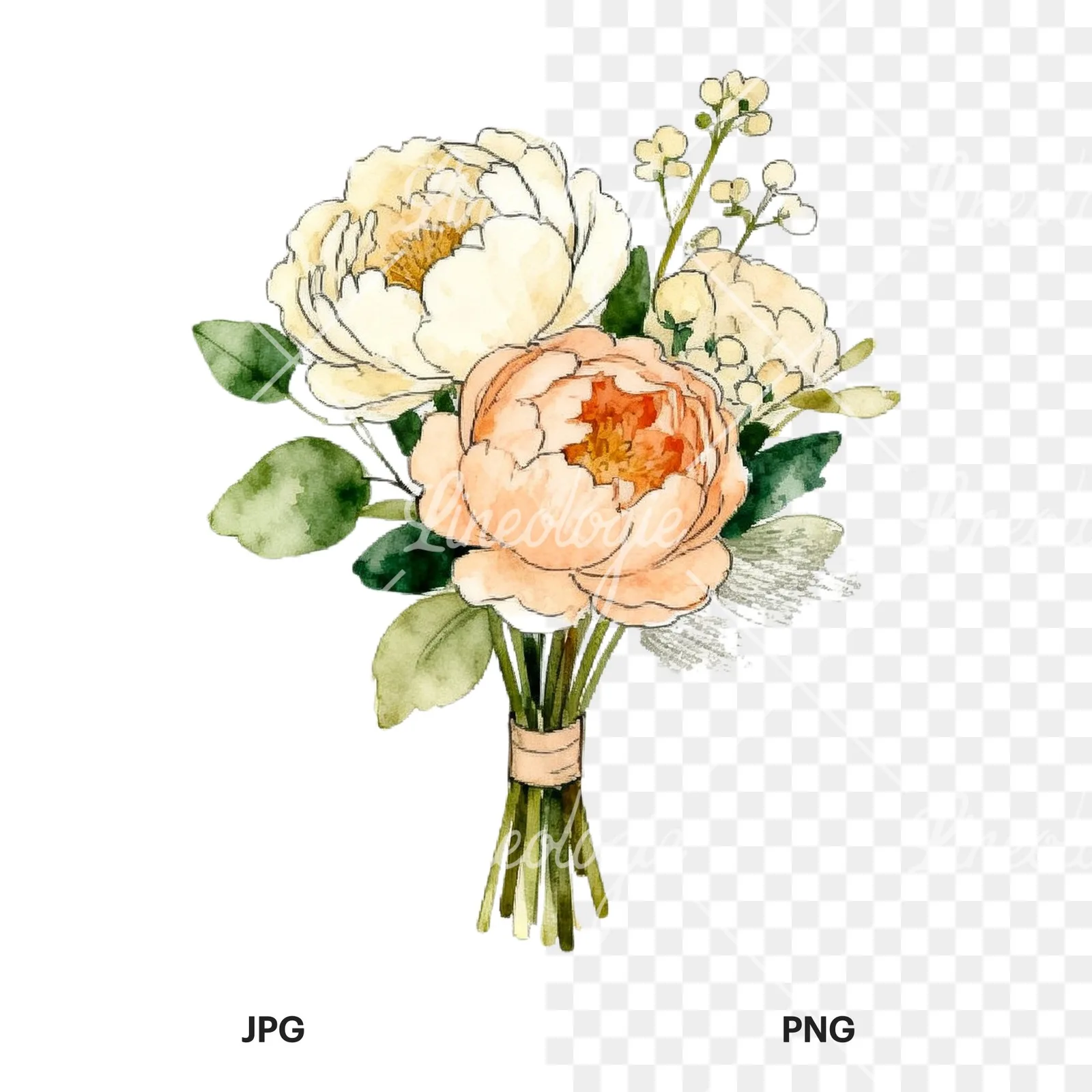 Watercolor peach peony cream wedding bouquet clipart 5 of 9, as a JPG on white and a transparent PNG