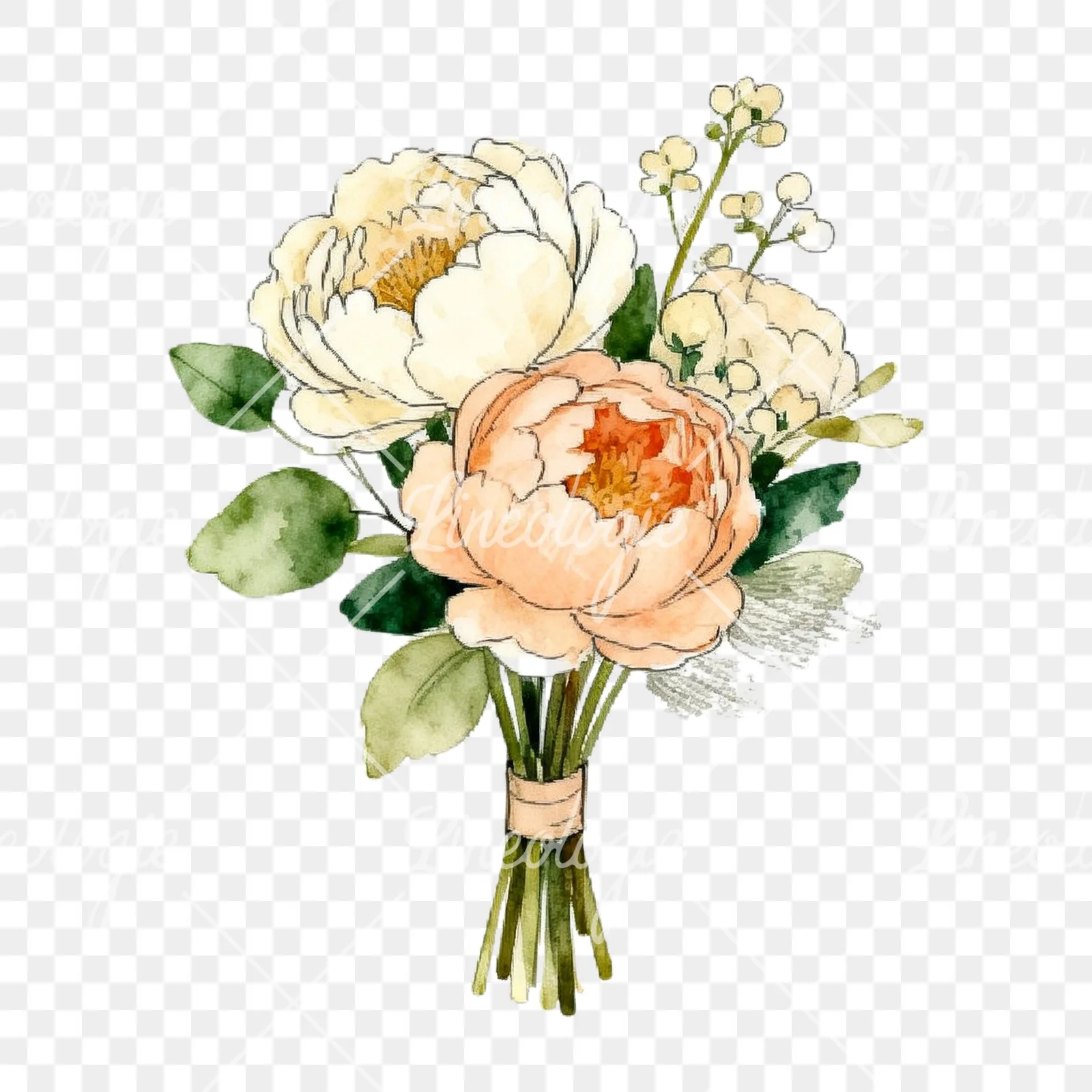 Watercolor peach peony cream wedding bouquet clipart 5 of 9 on a transparent background (PNG)