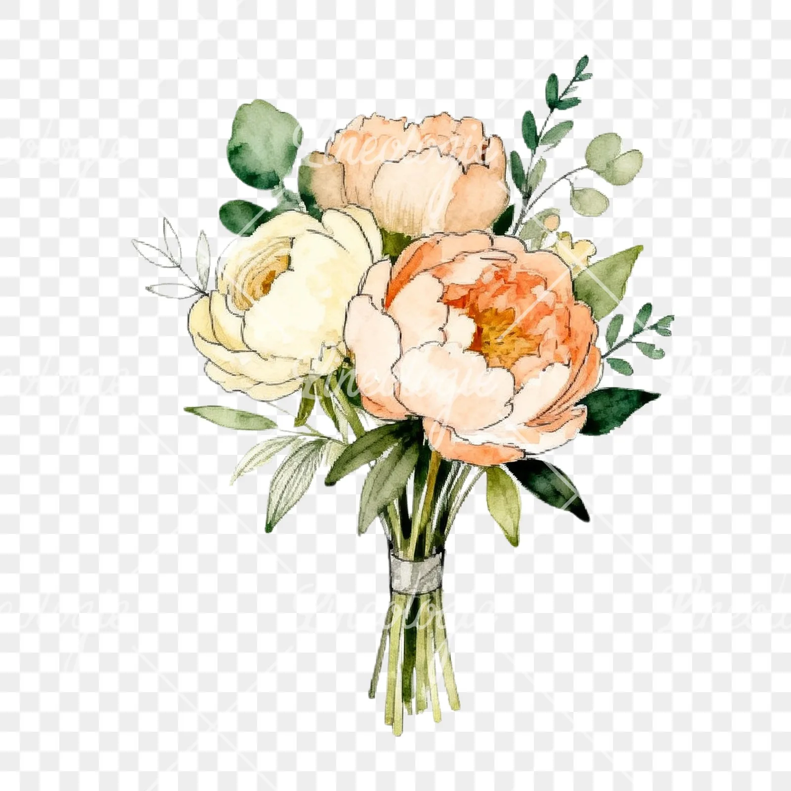 Watercolor peach peony cream wedding bouquet clipart 6 of 9 on a transparent background (PNG)