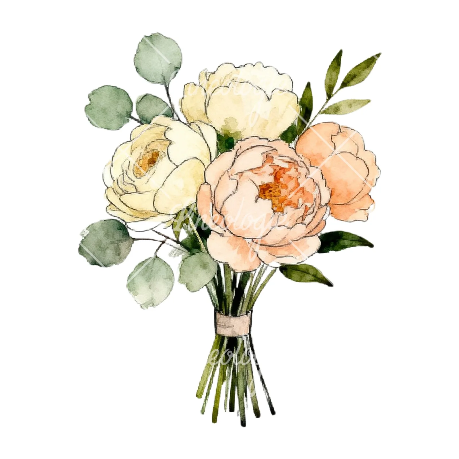 Watercolor peach peony cream wedding bouquet clipart 7 of 9 on a white background (JPG)
