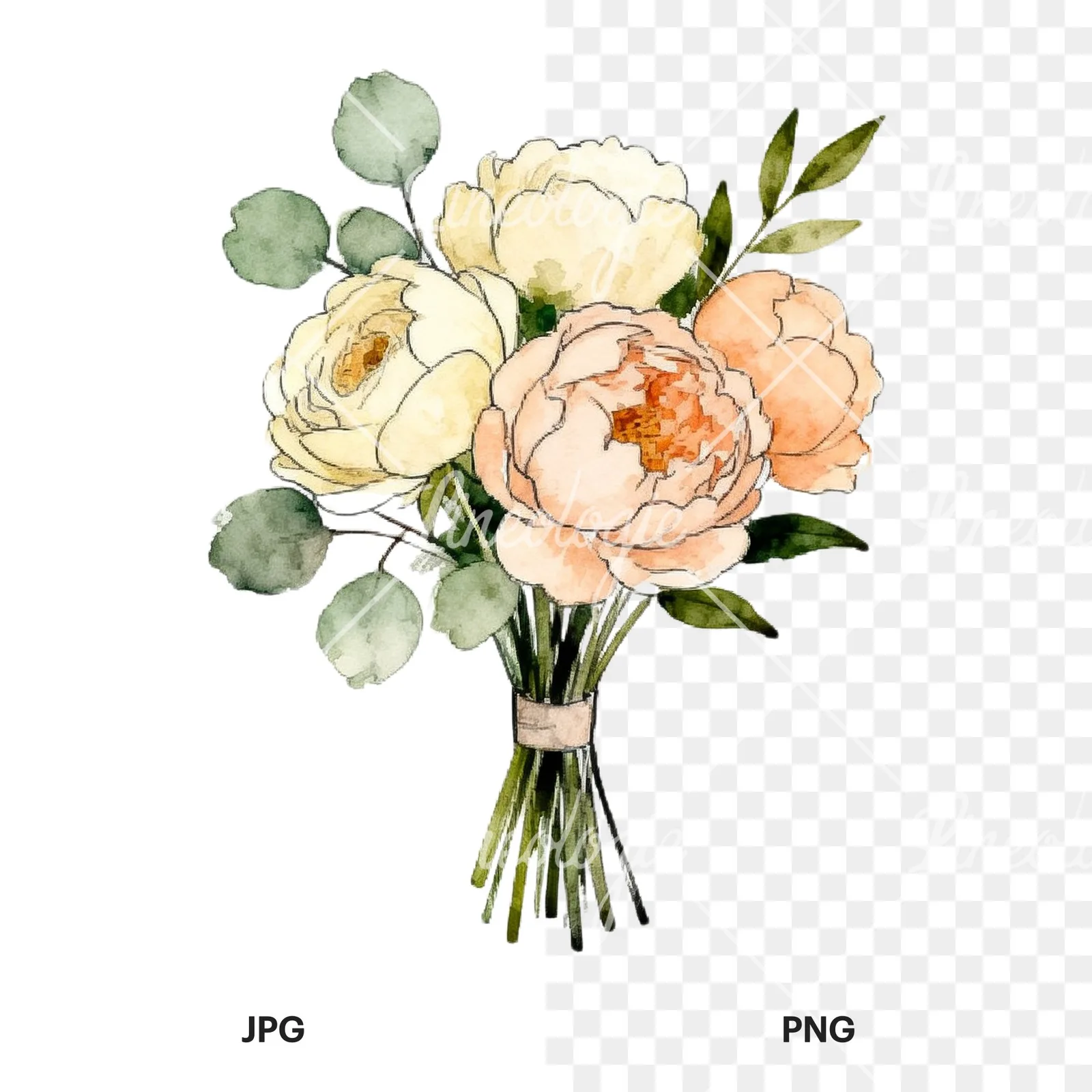 Watercolor peach peony cream wedding bouquet clipart 7 of 9, as a JPG on white and a transparent PNG