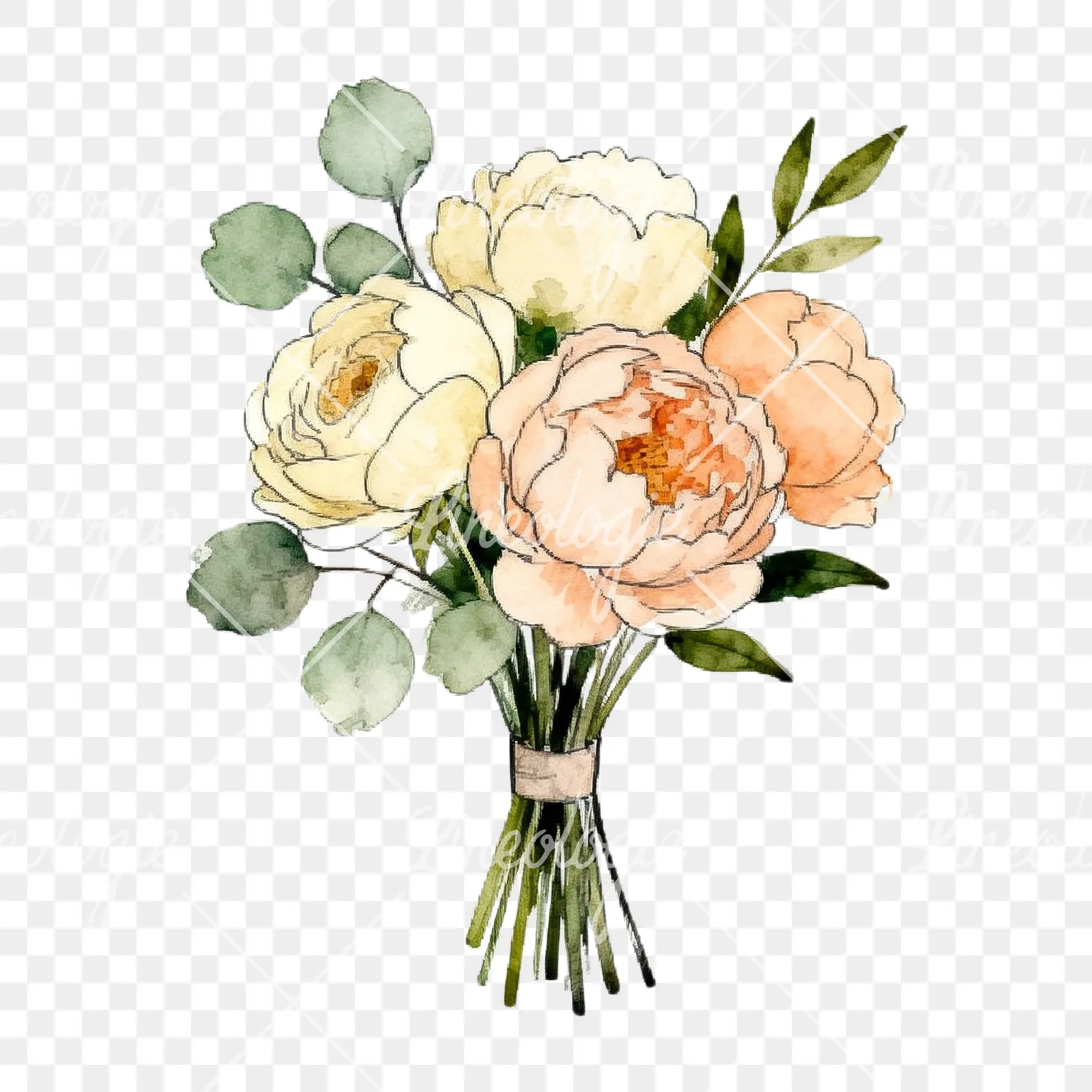 Watercolor peach peony cream wedding bouquet clipart 7 of 9 on a transparent background (PNG)