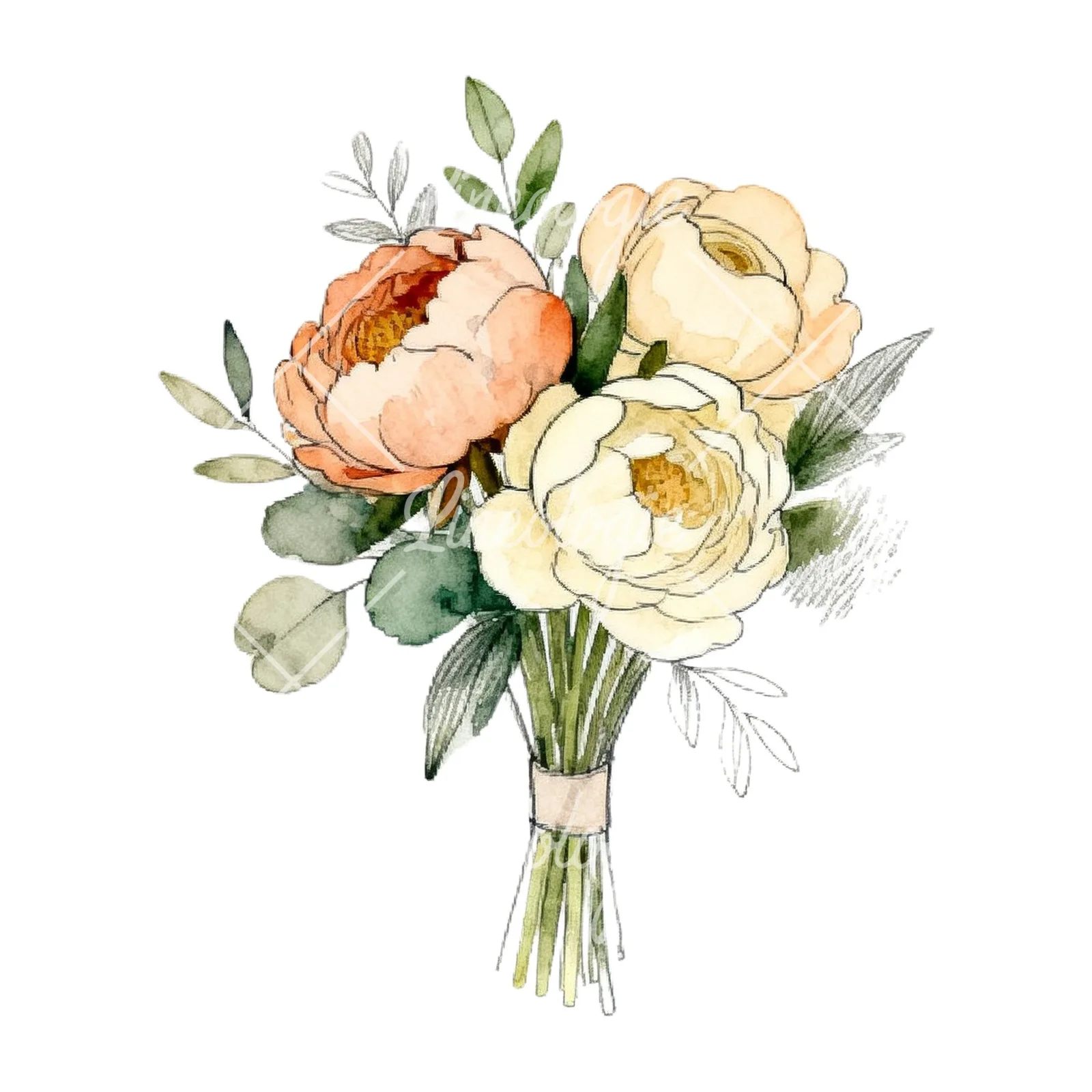 Watercolor peach peony cream wedding bouquet clipart 8 of 9 on a white background (JPG)