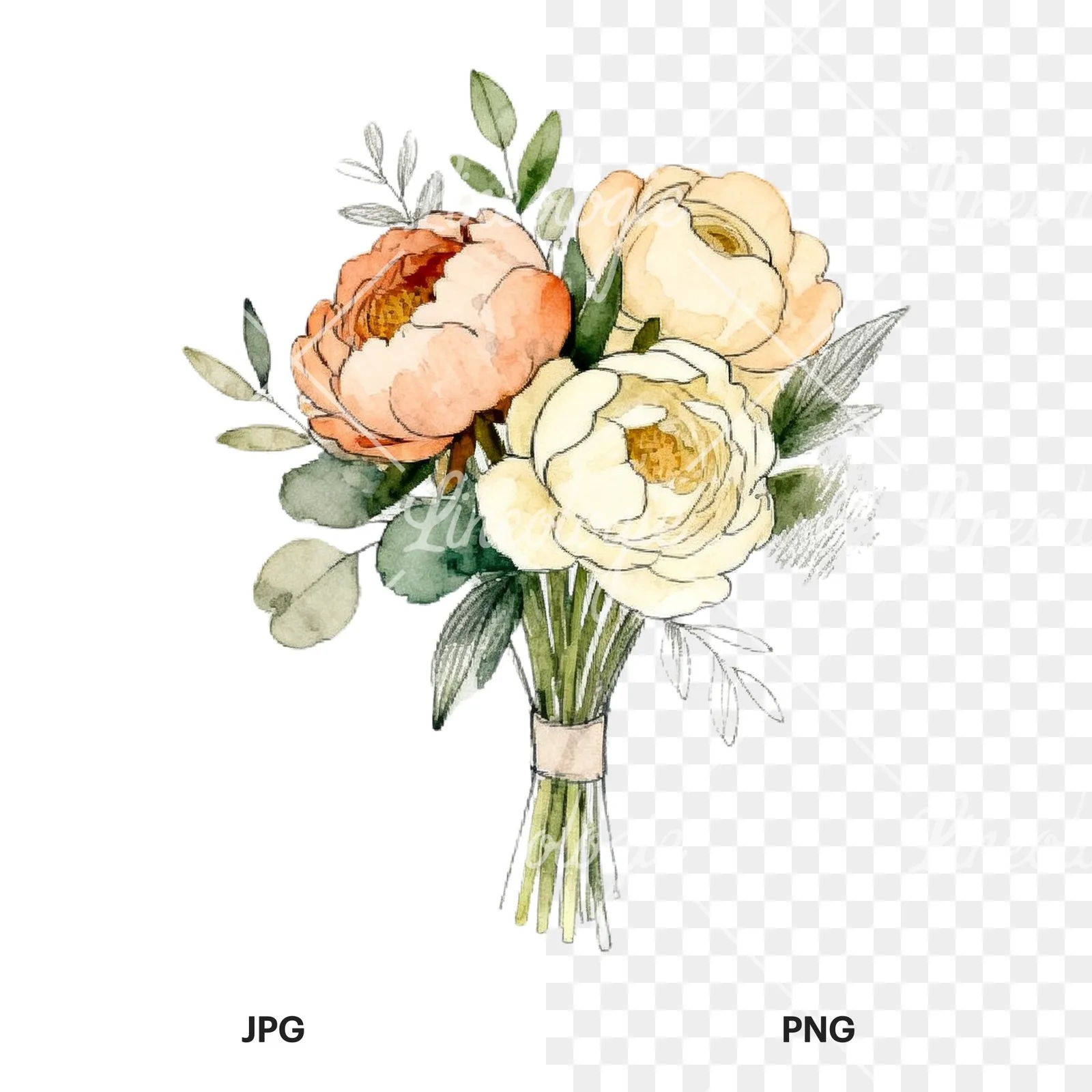 Watercolor peach peony cream wedding bouquet clipart 8 of 9, as a JPG on white and a transparent PNG
