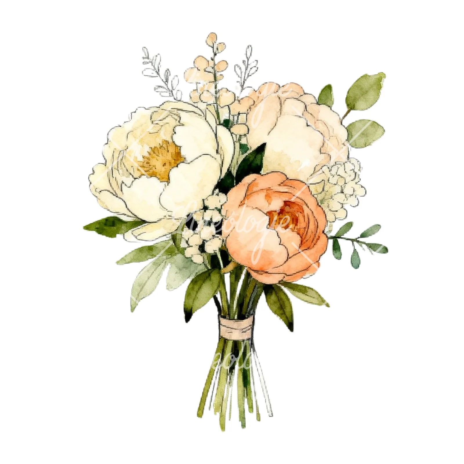 Watercolor peach peony cream wedding bouquet clipart 9 of 9 on a white background (JPG)