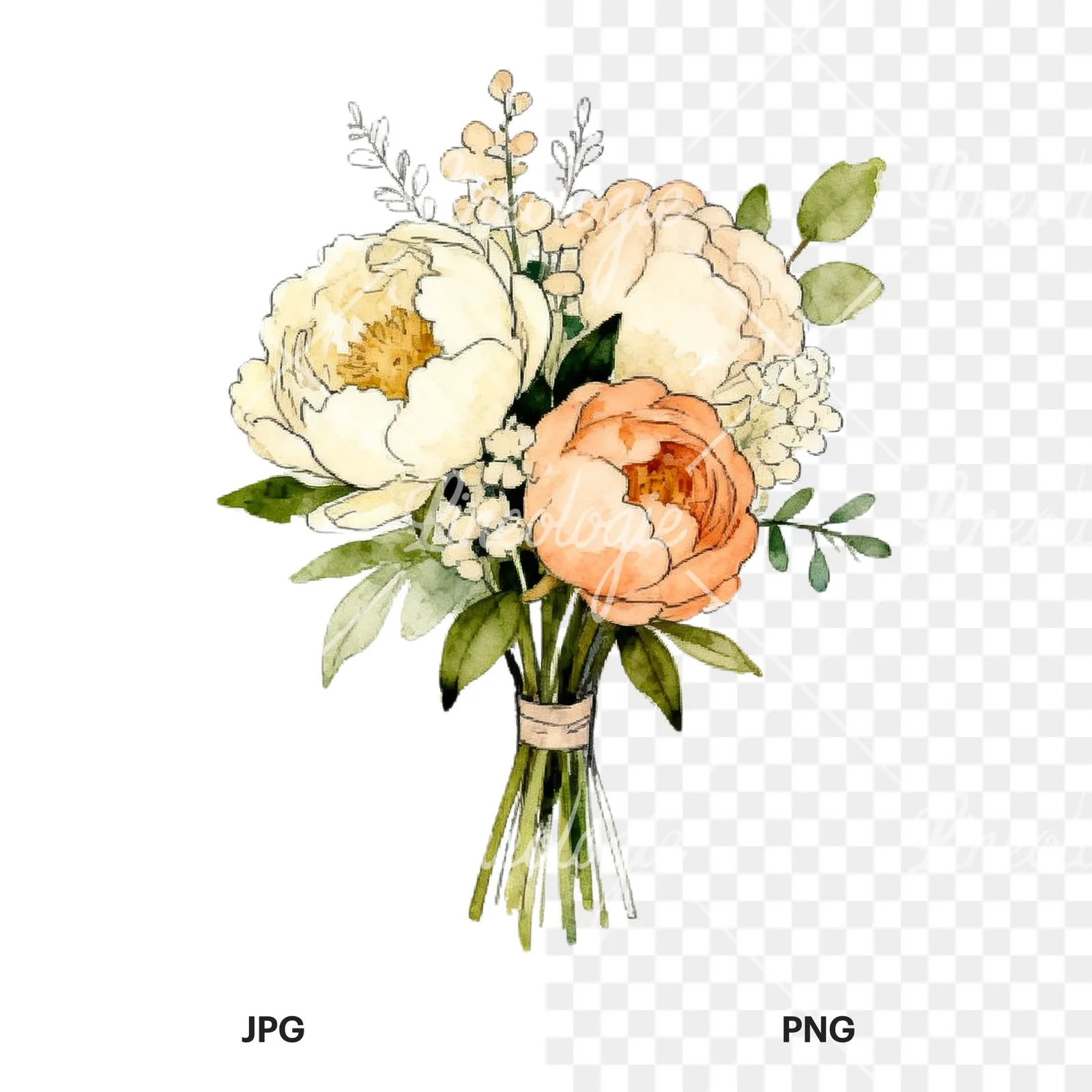 Watercolor peach peony cream wedding bouquet clipart 9 of 9, as a JPG on white and a transparent PNG
