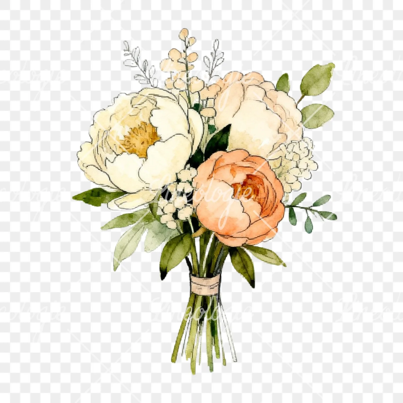 Watercolor peach peony cream wedding bouquet clipart 9 of 9 on a transparent background (PNG)