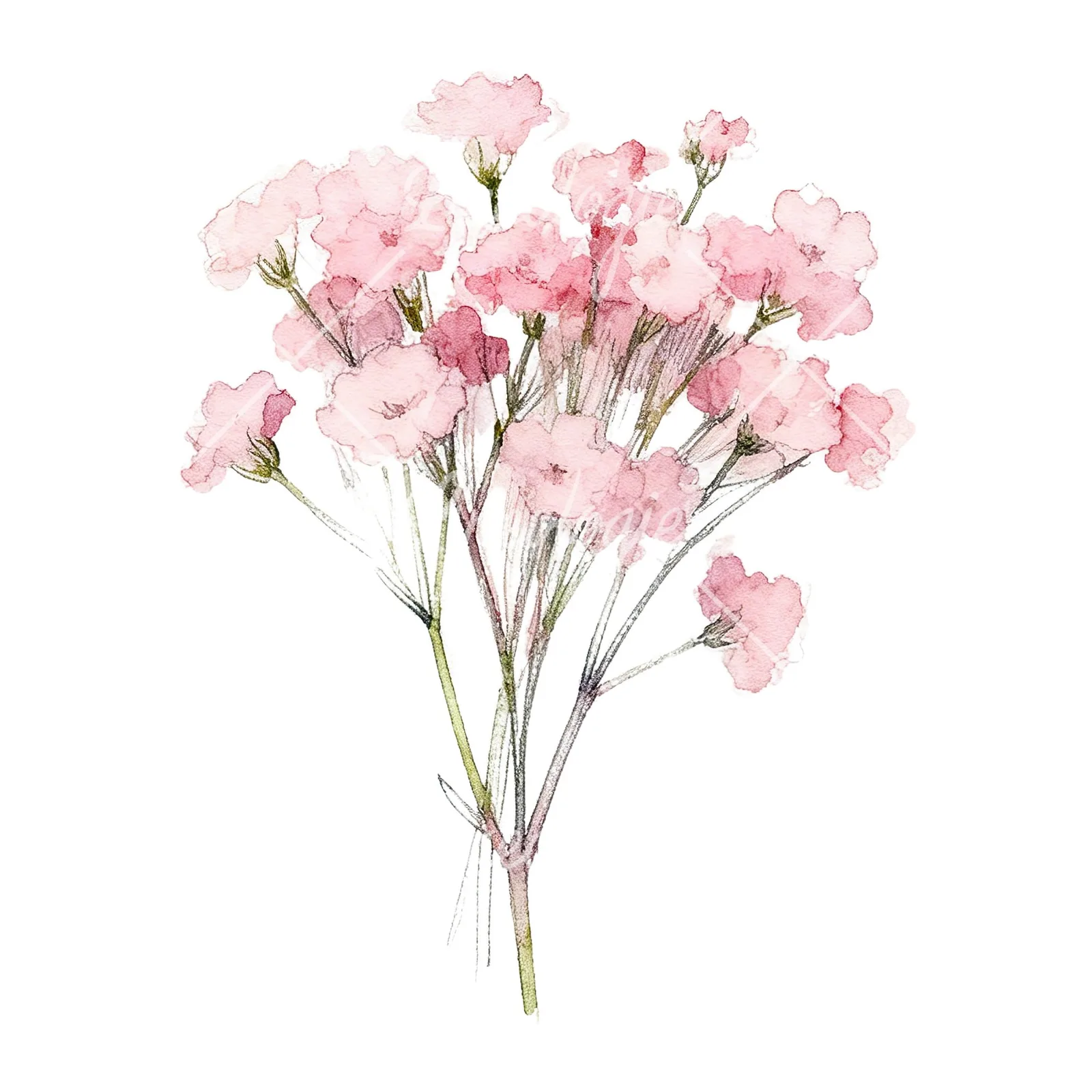 Watercolor pink babys breath bouquet clipart 1 of 9 on a white background (JPG)