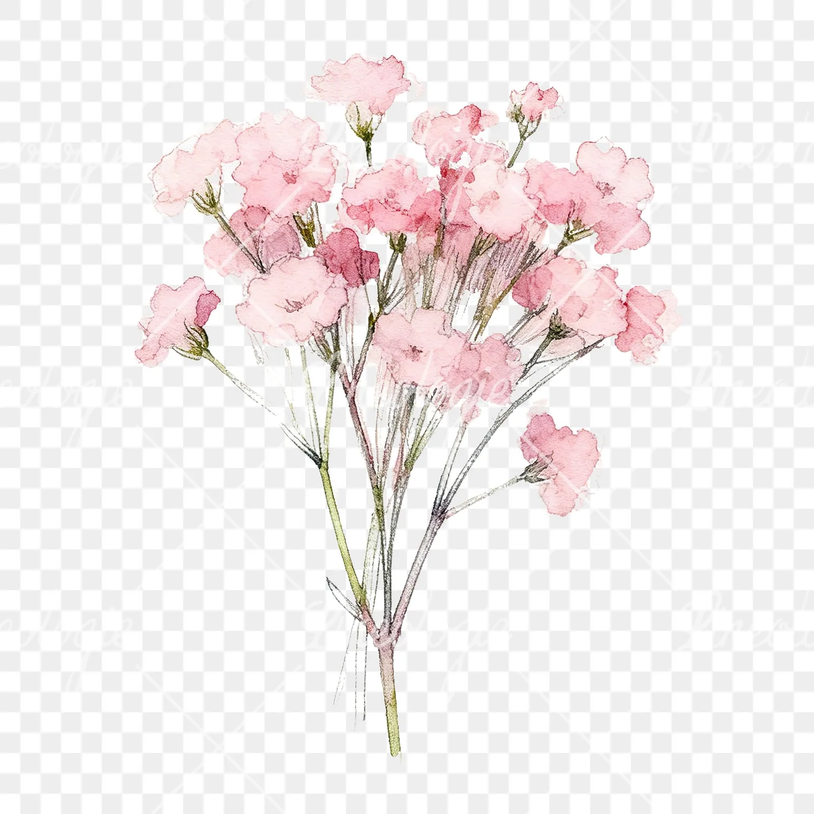Watercolor pink babys breath bouquet clipart 1 of 9 on a transparent background (PNG)