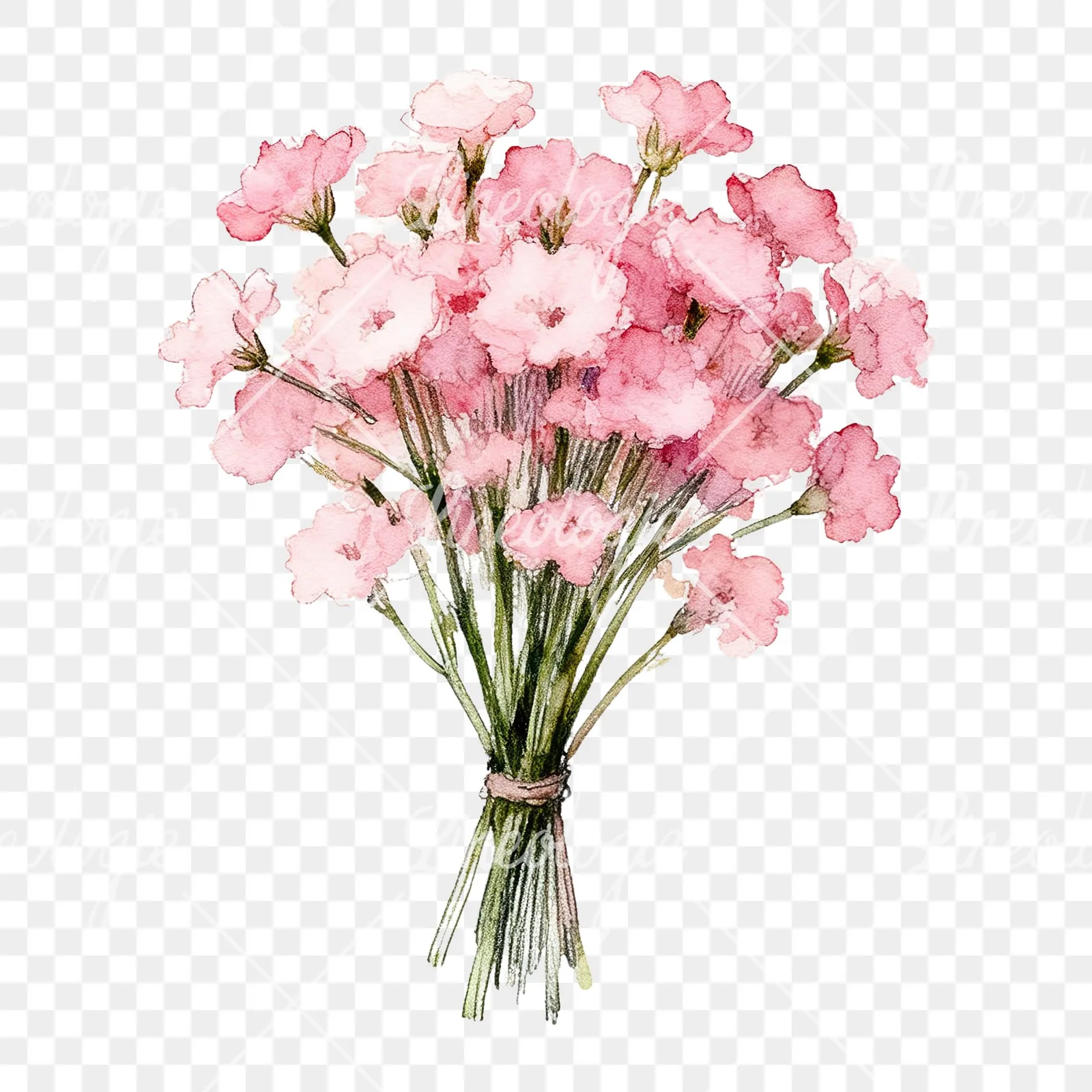 Watercolor pink babys breath bouquet clipart 2 of 9 on a transparent background (PNG)