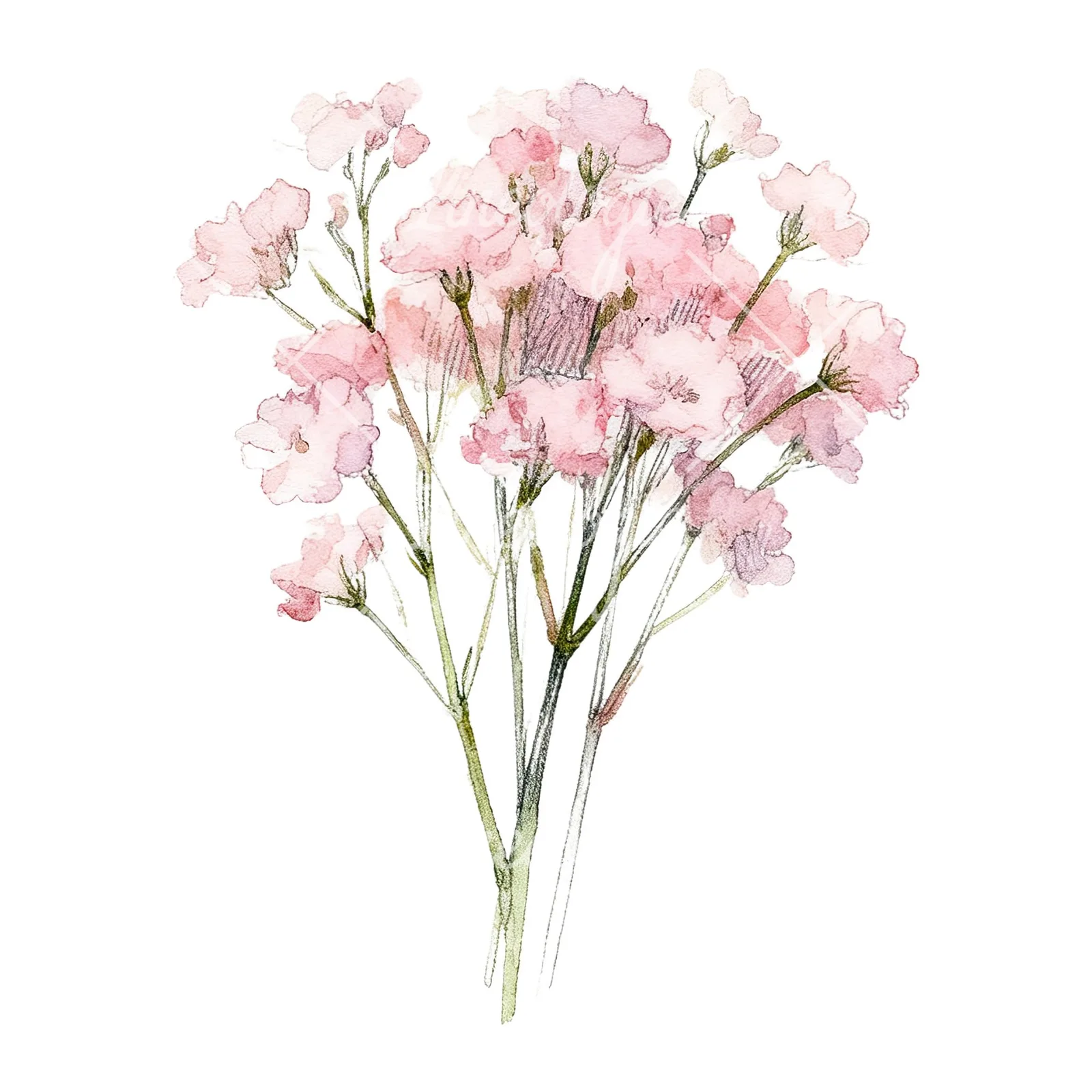 Watercolor pink babys breath bouquet clipart 3 of 9 on a white background (JPG)