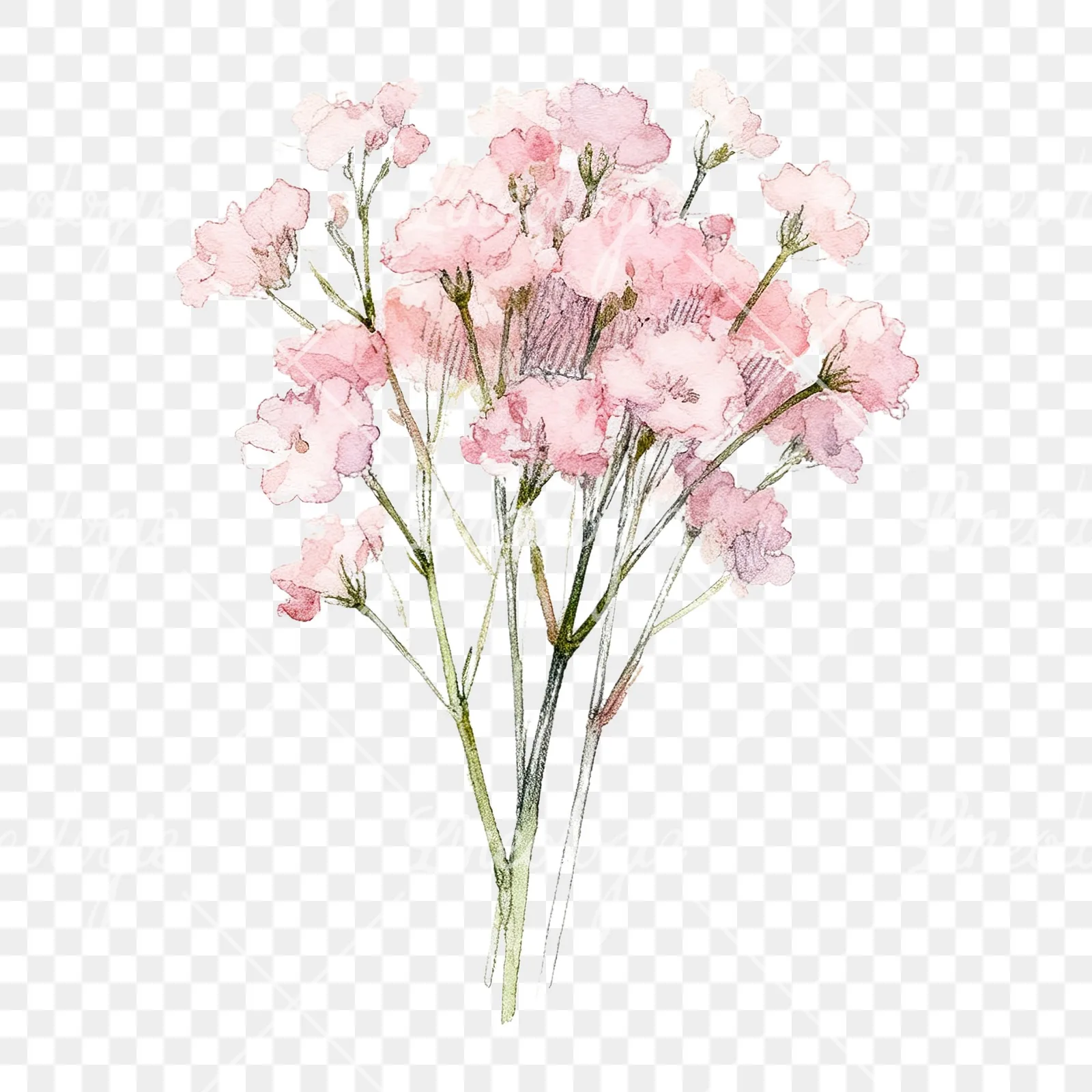 Watercolor pink babys breath bouquet clipart 3 of 9 on a transparent background (PNG)