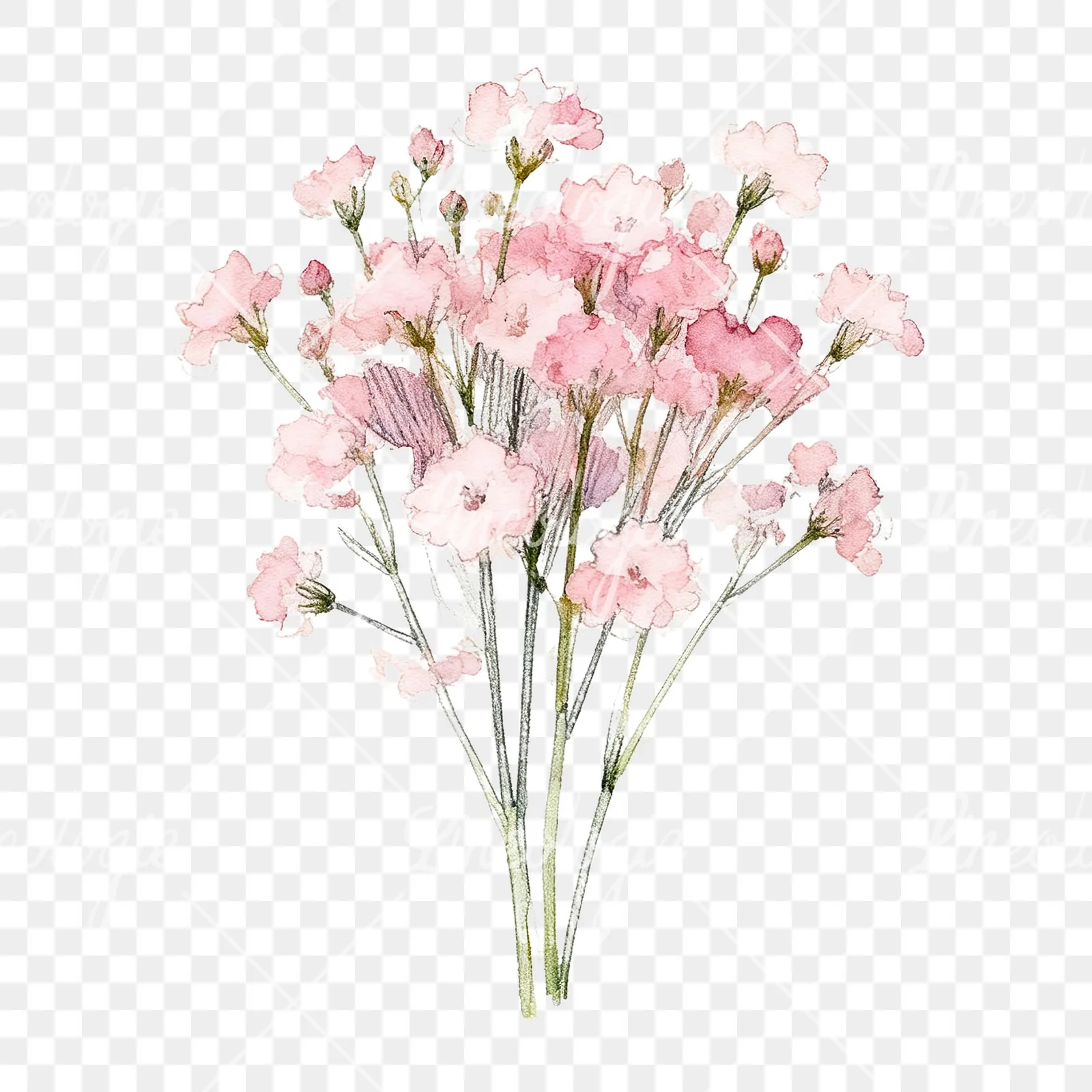 Watercolor pink babys breath bouquet clipart 6 of 9 on a transparent background (PNG)