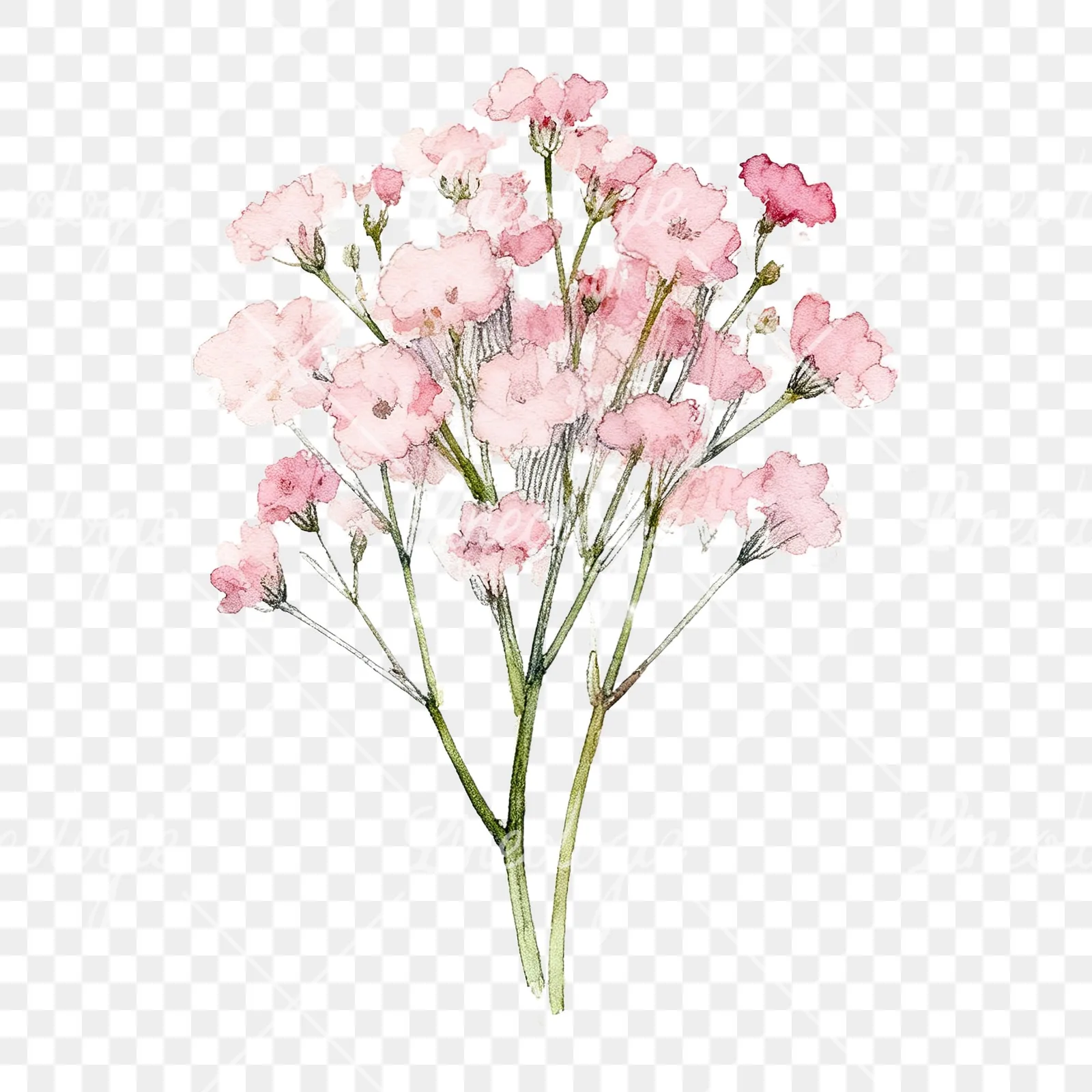 Watercolor pink babys breath bouquet clipart 7 of 9 on a transparent background (PNG)