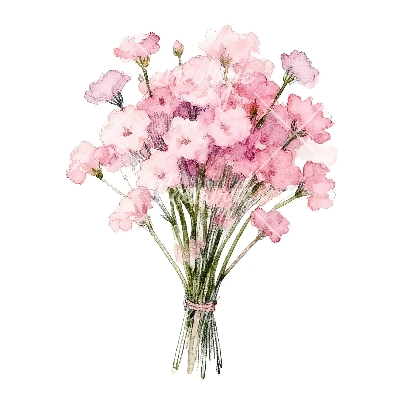 Watercolor pink babys breath bouquet clipart 8 of 9 on a white background (JPG)