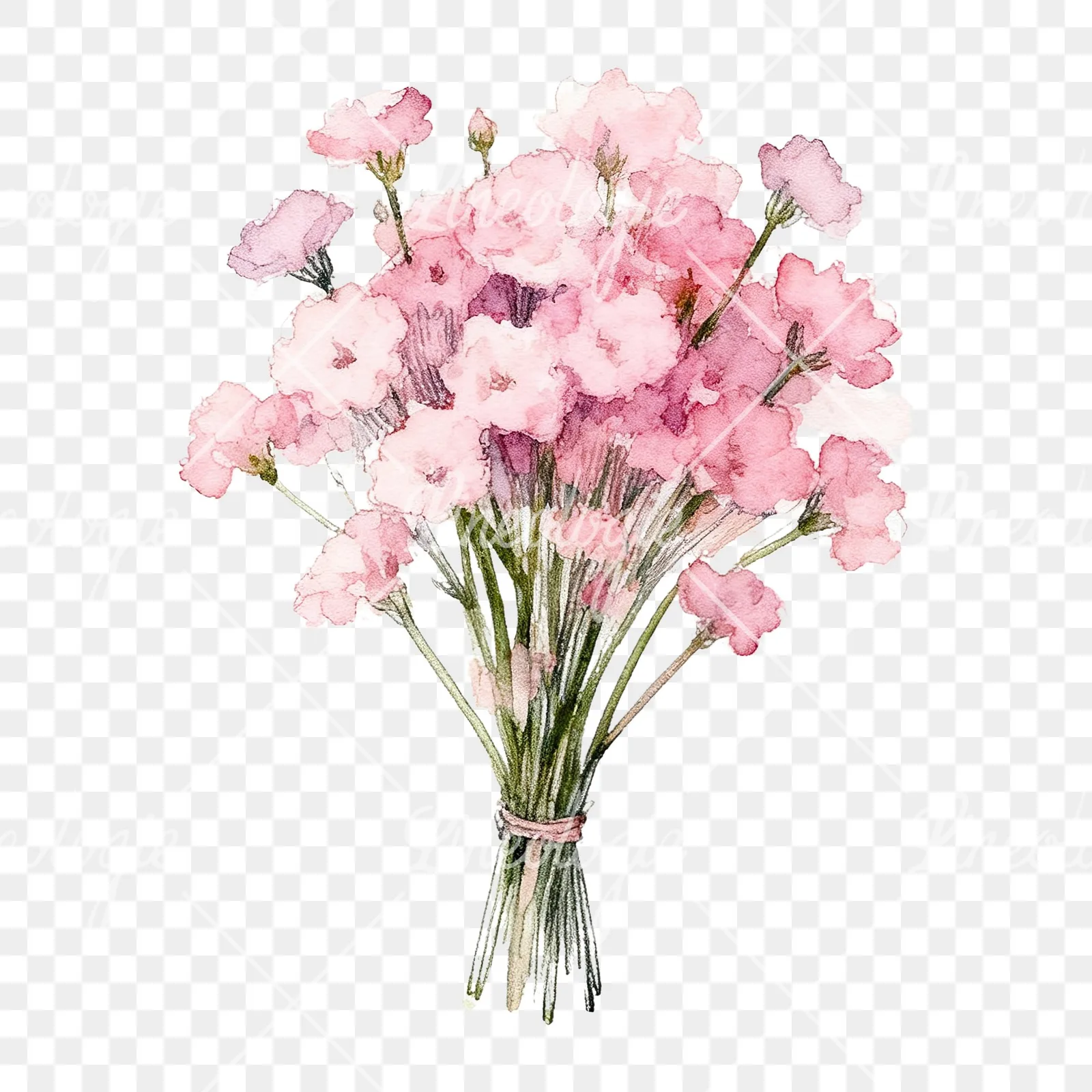 Watercolor pink babys breath bouquet clipart 8 of 9 on a transparent background (PNG)