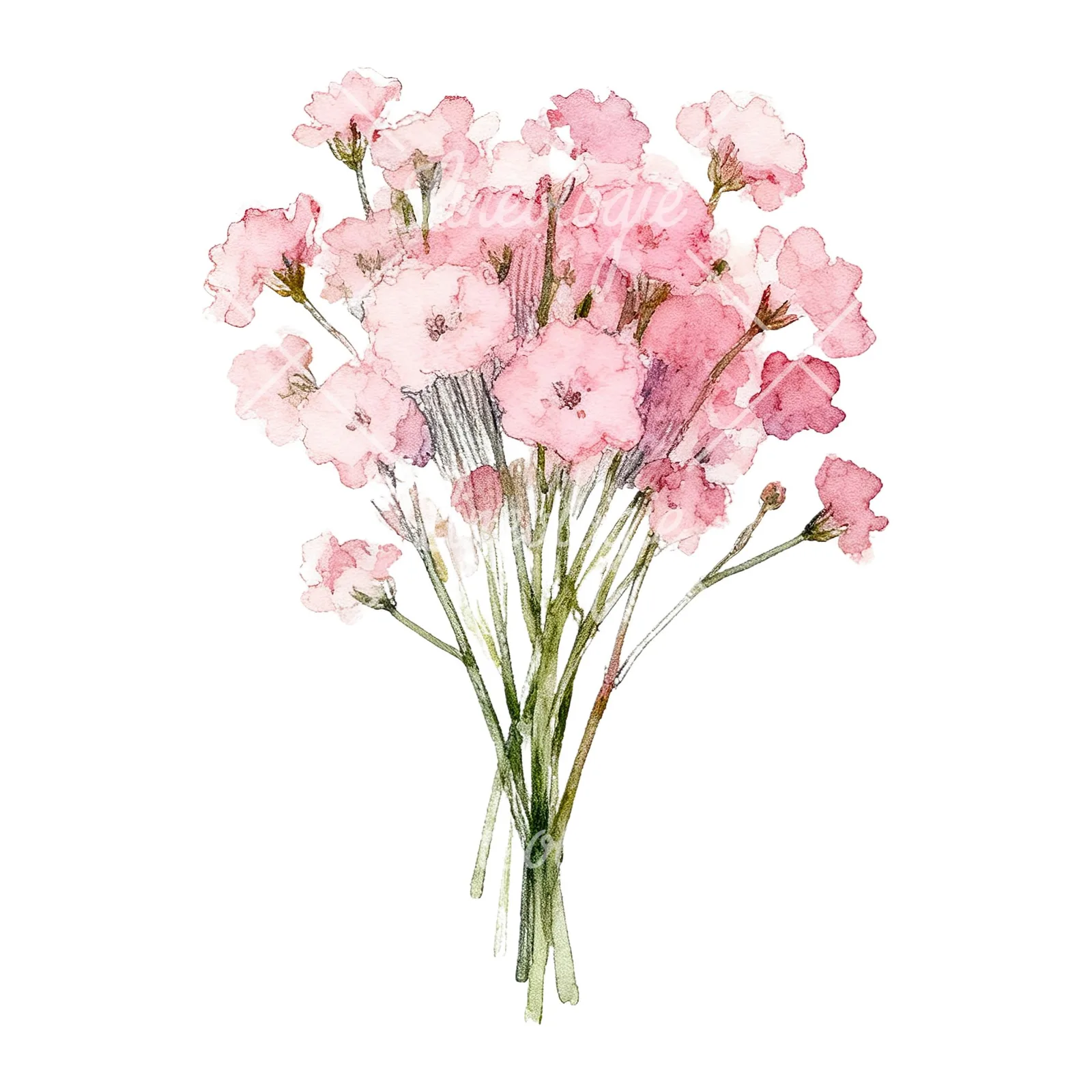 Watercolor pink babys breath bouquet clipart 9 of 9 on a white background (JPG)