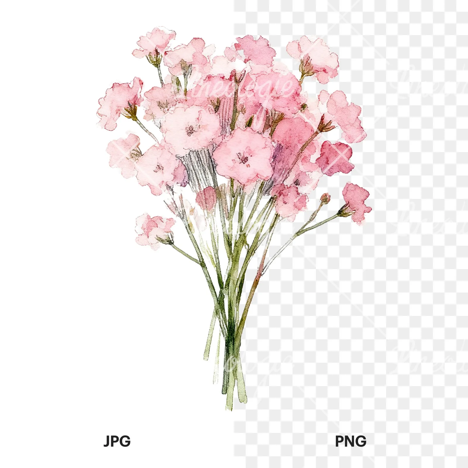 Watercolor pink babys breath bouquet clipart 9 of 9, as a JPG on white and a transparent PNG
