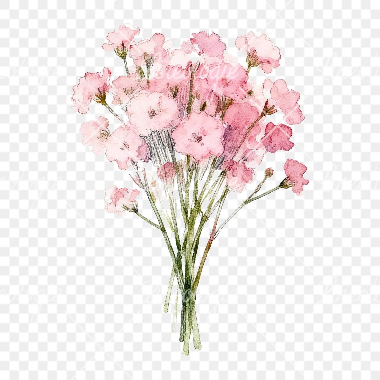 Watercolor pink babys breath bouquet clipart 9 of 9 on a transparent background (PNG)