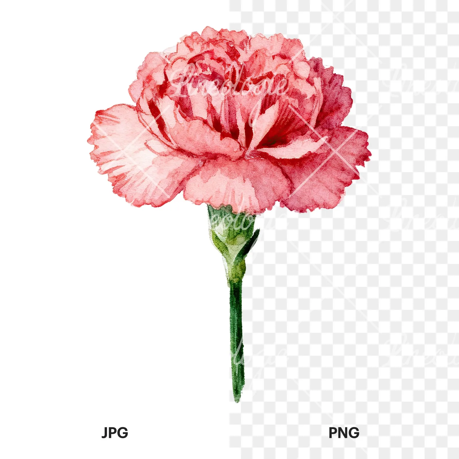 Watercolor pink carnation clipart 3 of 9, as a JPG on white and a transparent PNG